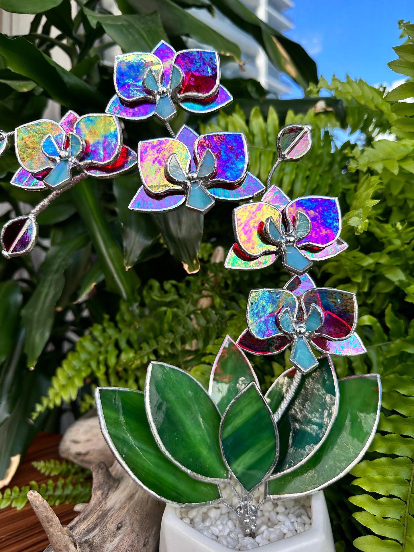 " . Red transparent iridescent Orchid 5 flowers with pot" Stained glass tropical flower 3D, Sun catcher, Table plant, Garden stick, wedding decor, Christmas gift