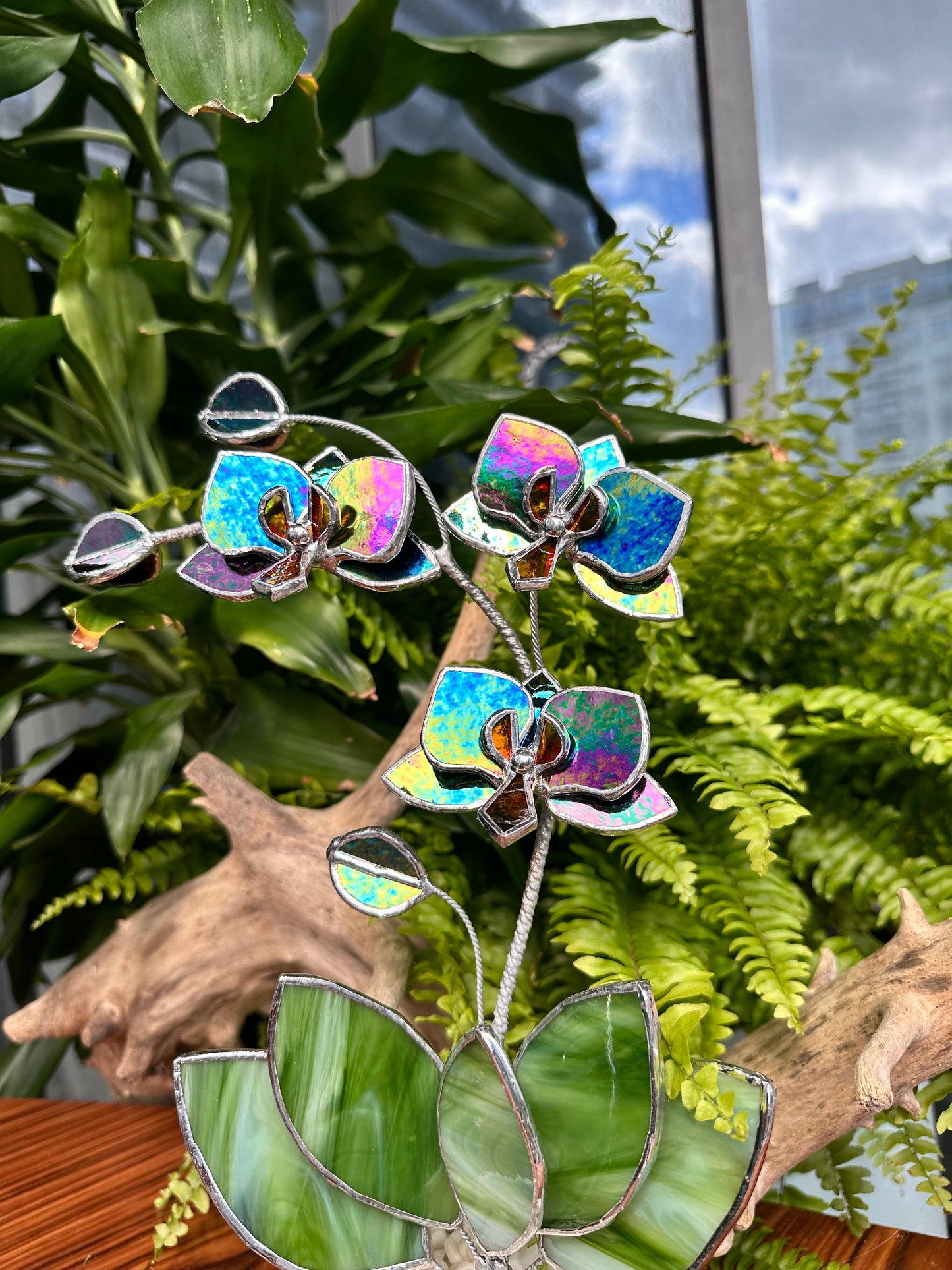 ". Multicolor opaque Orchid 3 flowers with pot” Stained glass tropical flower 3D, Sun catcher, Table plant, Garden stick, Outdoor and gardening decor