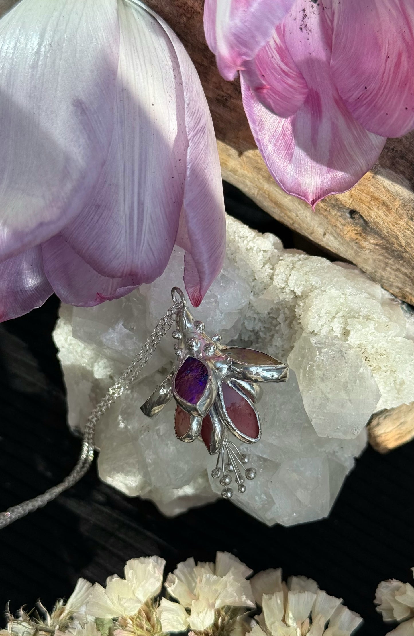 Fuchsia flower Necklace, LEAD FREE Stained glass modern art jewelry new