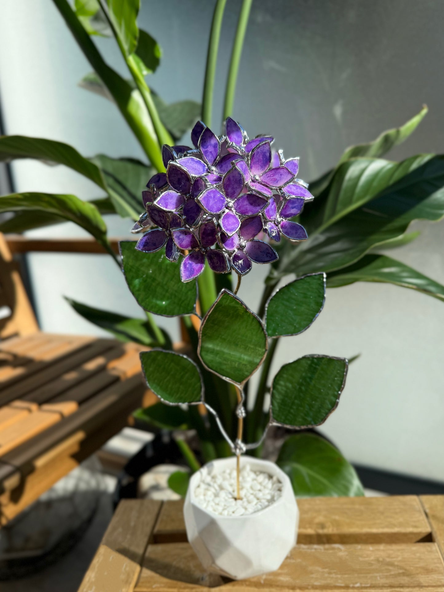 .Hand Painted Hydrangea Purple Stained glass Handcrafted Floral Home Decor
