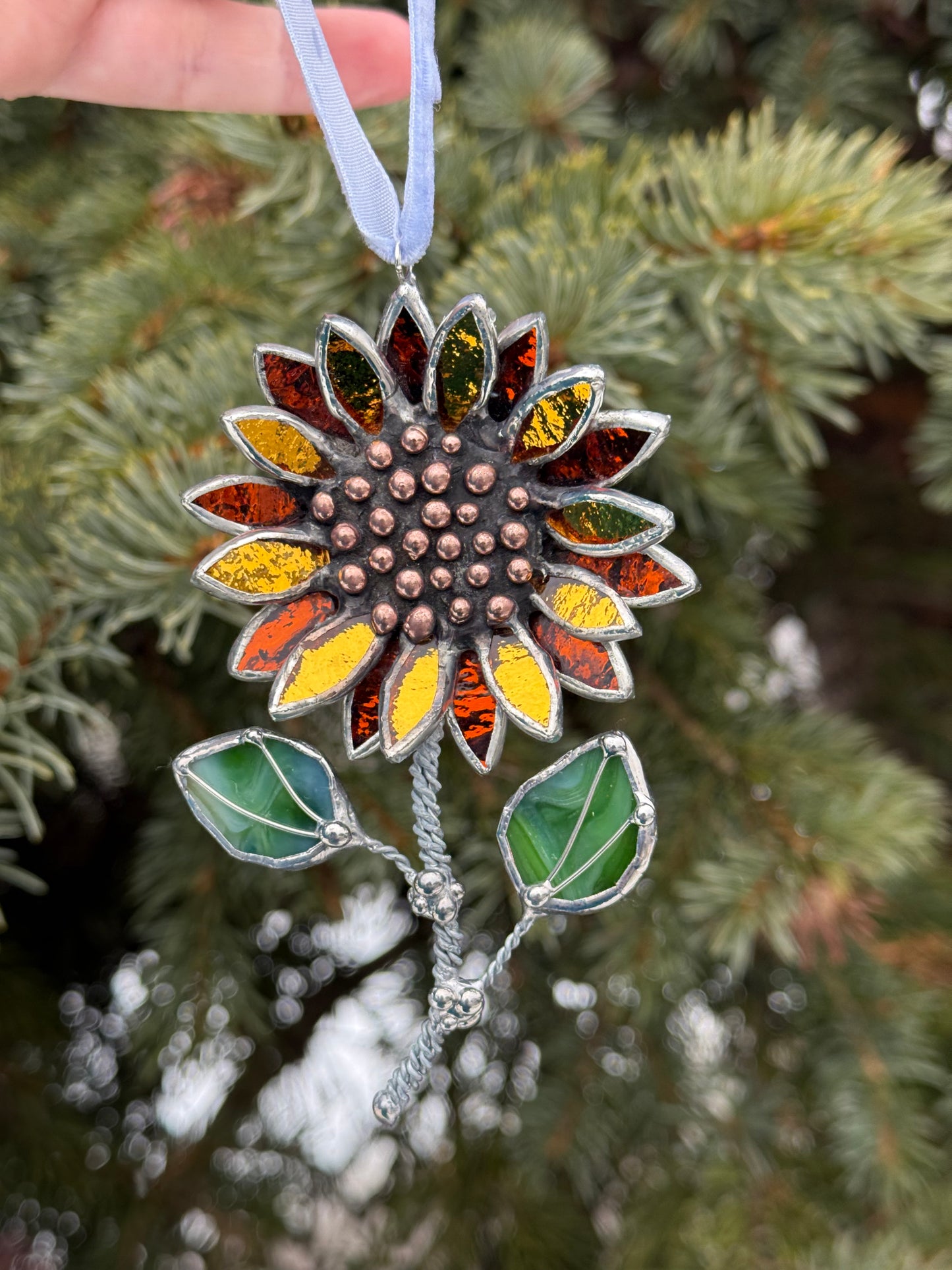 " . Ornament Sunflower Gold & Amber Silwercoat” Stained glass tropical flower 3D