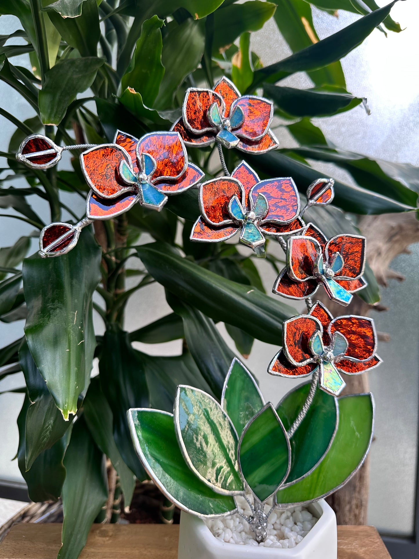 ". Amber silvercoat Orchid 5 flowers with pot" Stained glass tropical flower 3D, Sun catcher, Table plant, Garden stick, wedding decor, Christmas gift