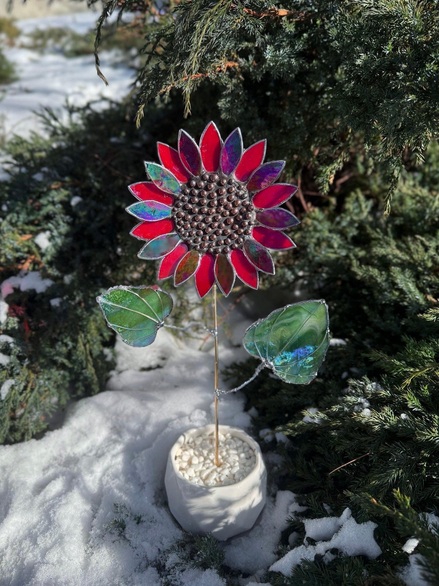 .Sunflower Ruby Red, Artisan 3D Stained Glass Suncatcher, Table Decor