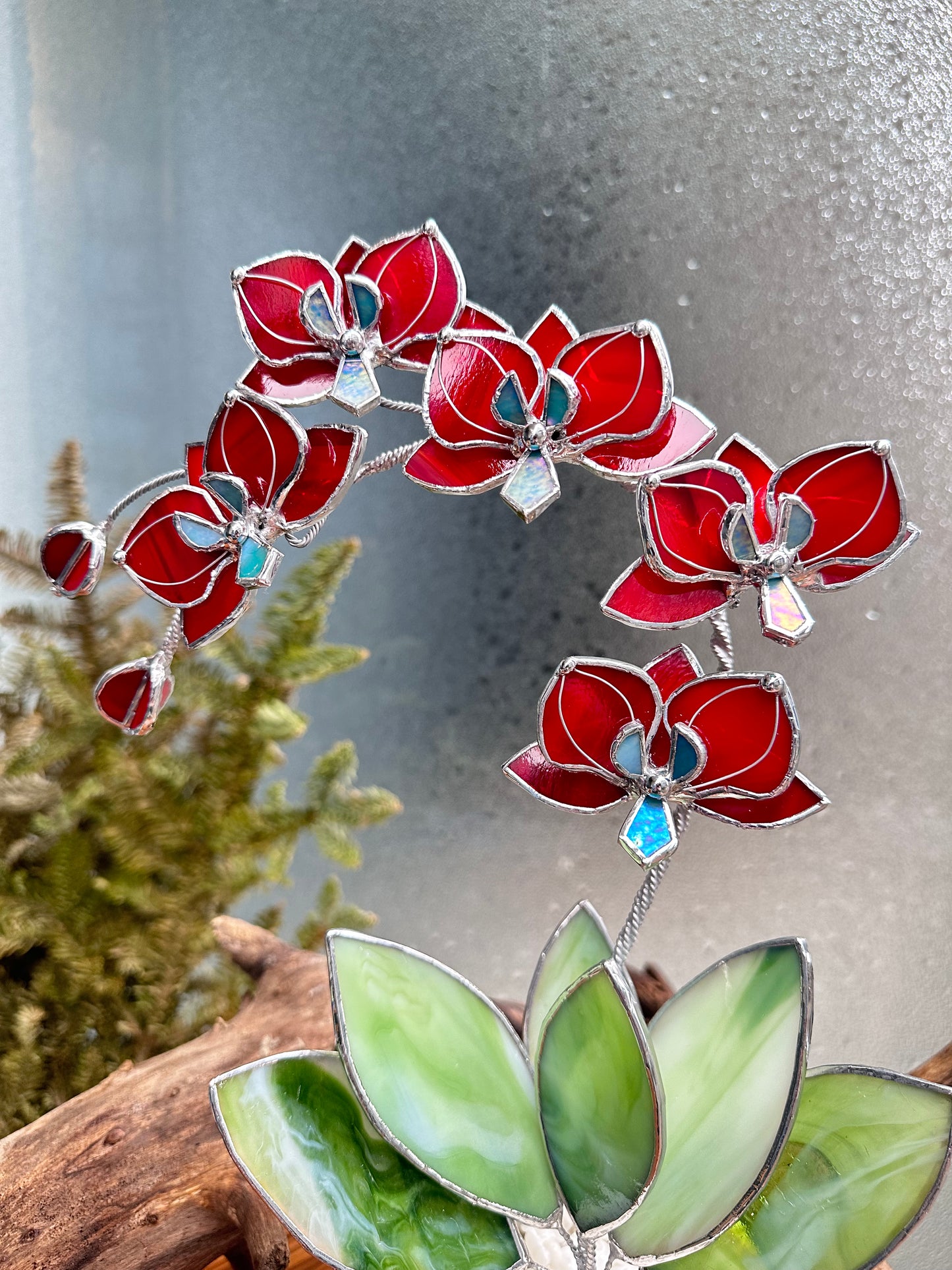 ". Stained glass Orchid Ruby Red with pot, 5 flowers,  Suncatcher  3D, plant, Wedding Christmas Gift  Outdoor and gardening decor