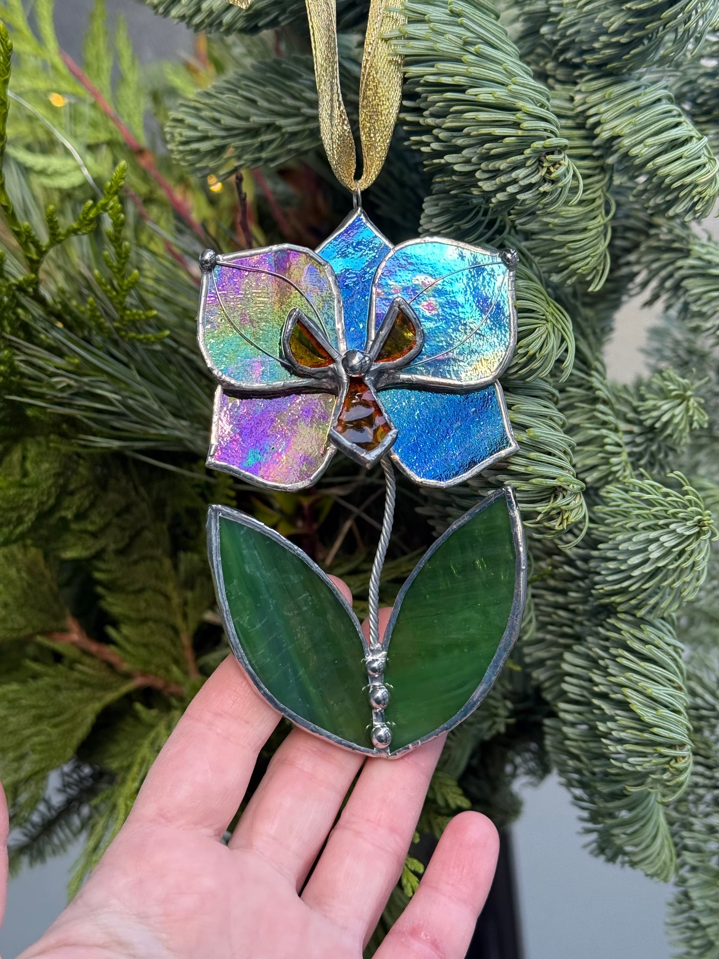 " . Butterfly Orchid flower with leaves Plum transparent irid, Stained glass Decorative ORNAMENT, Christmas decoration, Suncatcher