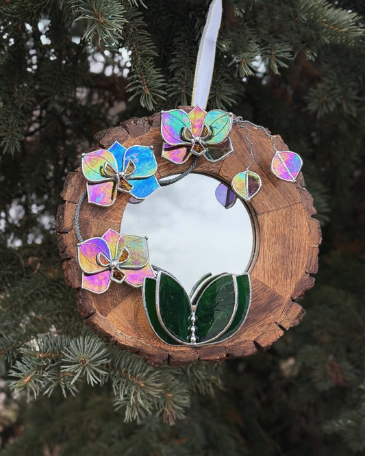 " . Iridescent Butterfly Orchid Mirror”, Stained glass flower Wall decor, Suncatcher, Home wedding Decor, Christmas gift
