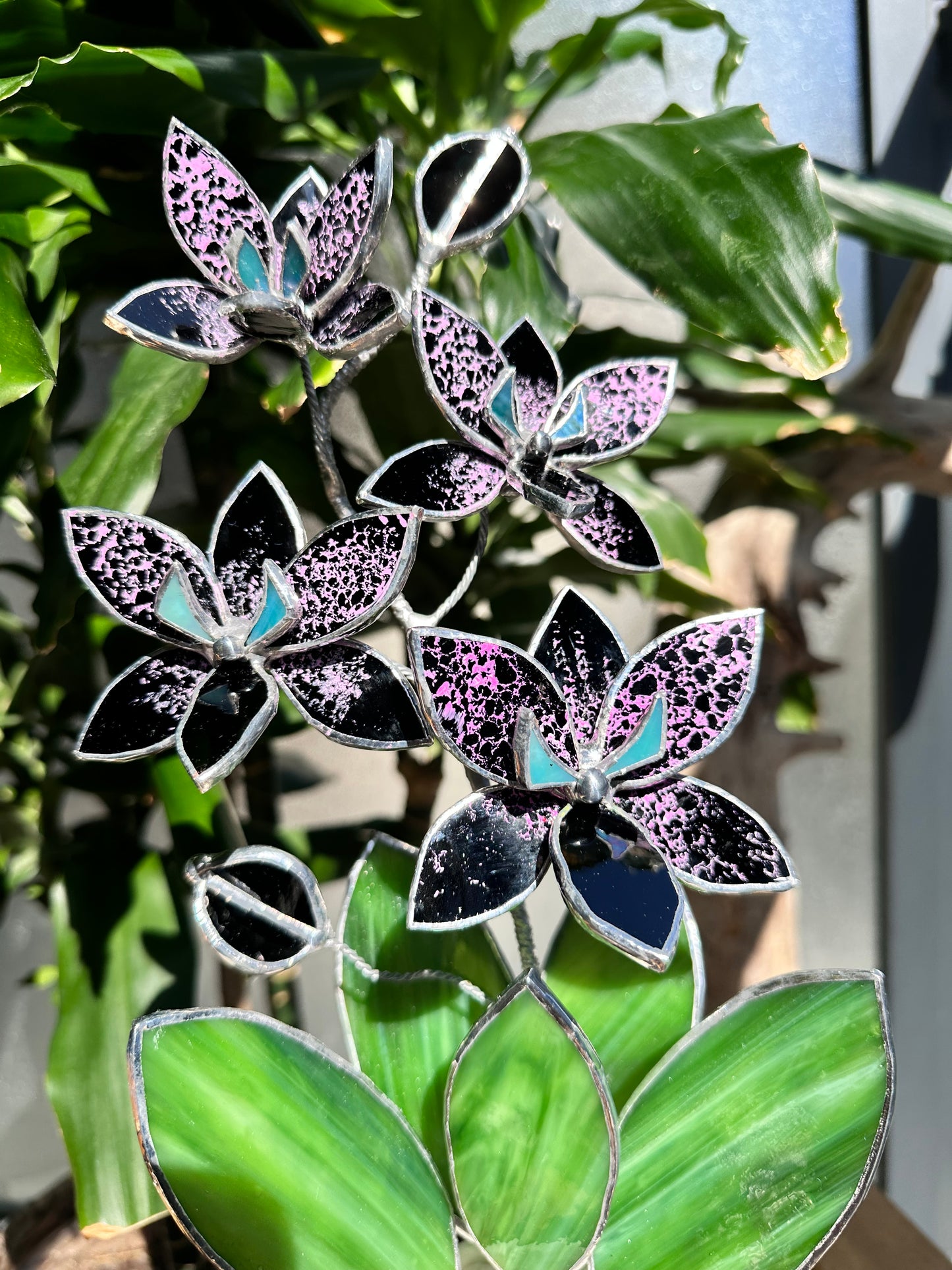 " . PREORDER Black Tiger Orchid, 4 flowers with pot”, Stained glass tropical flower 3D, Sun catcher, Table plant, Garden stick, Outdoor and gardening decor