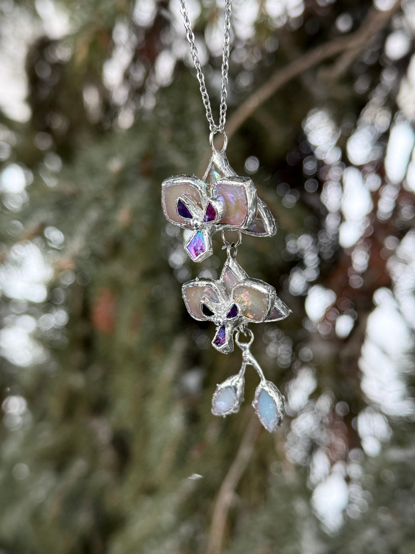 " . CHOOSE COLOR “NECKLACE 2 orchid flowers with buds” Stained glass tropical flower 3D, art jewelry