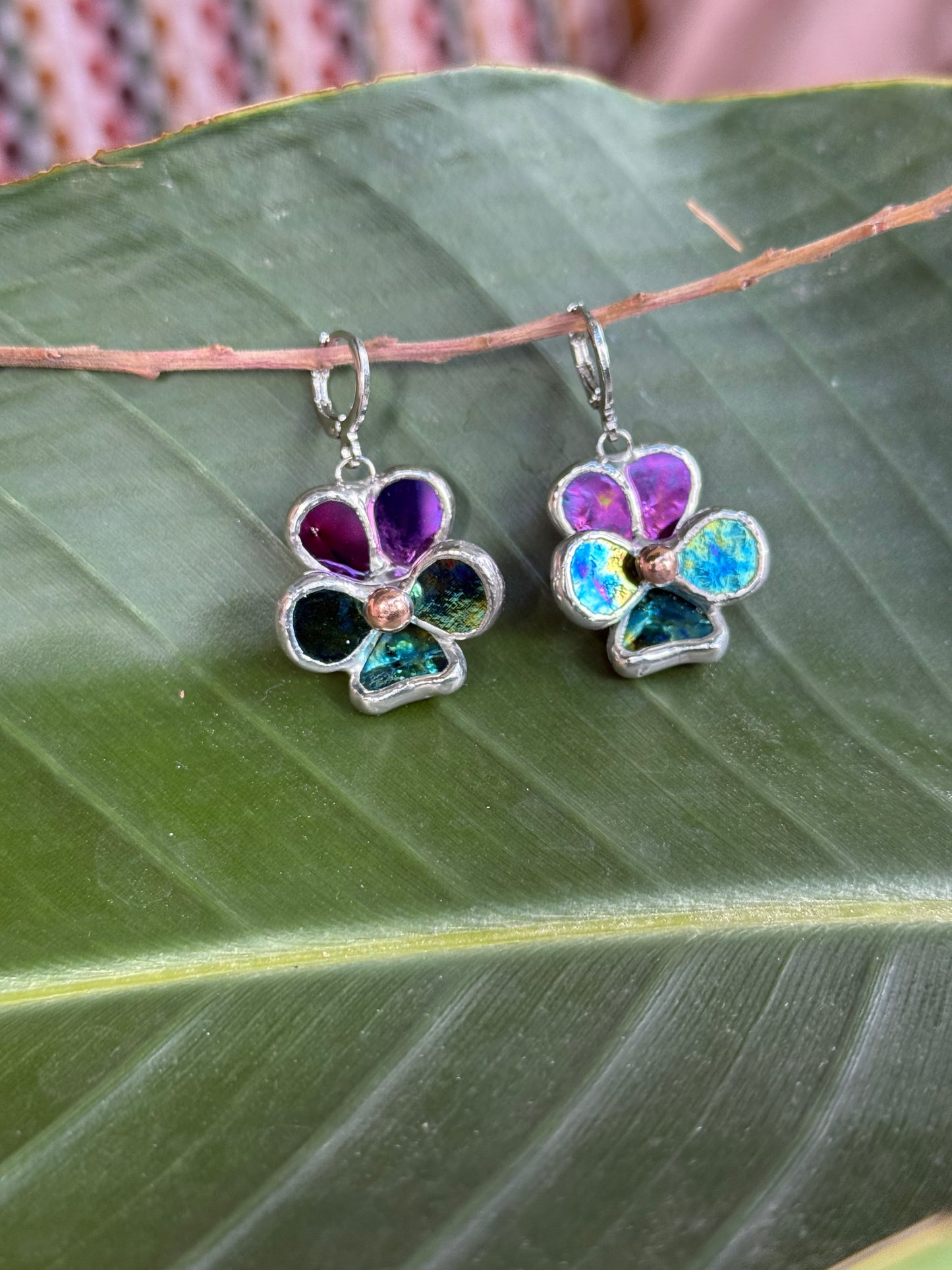 Pansy Earrings Purple lumi &Yellow blue lumi  Handcrafted Stained glass Botanical Art Jewelry