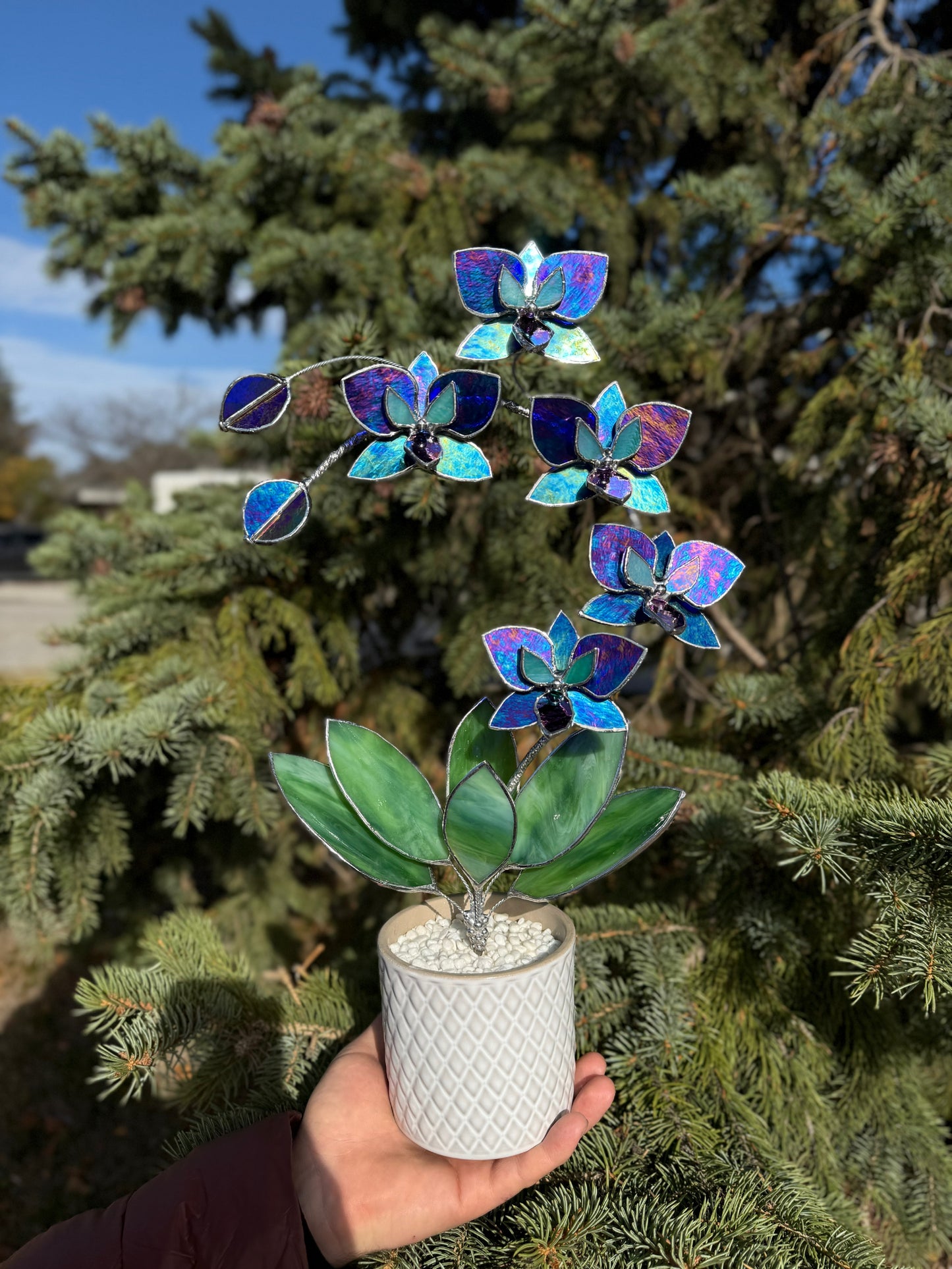 ". Amethyst luminescent XL Orchid 5 flowers with pot, Stained glass Suncatcher 3D, plant, Wedding Christmas Gift, Outdoor decor