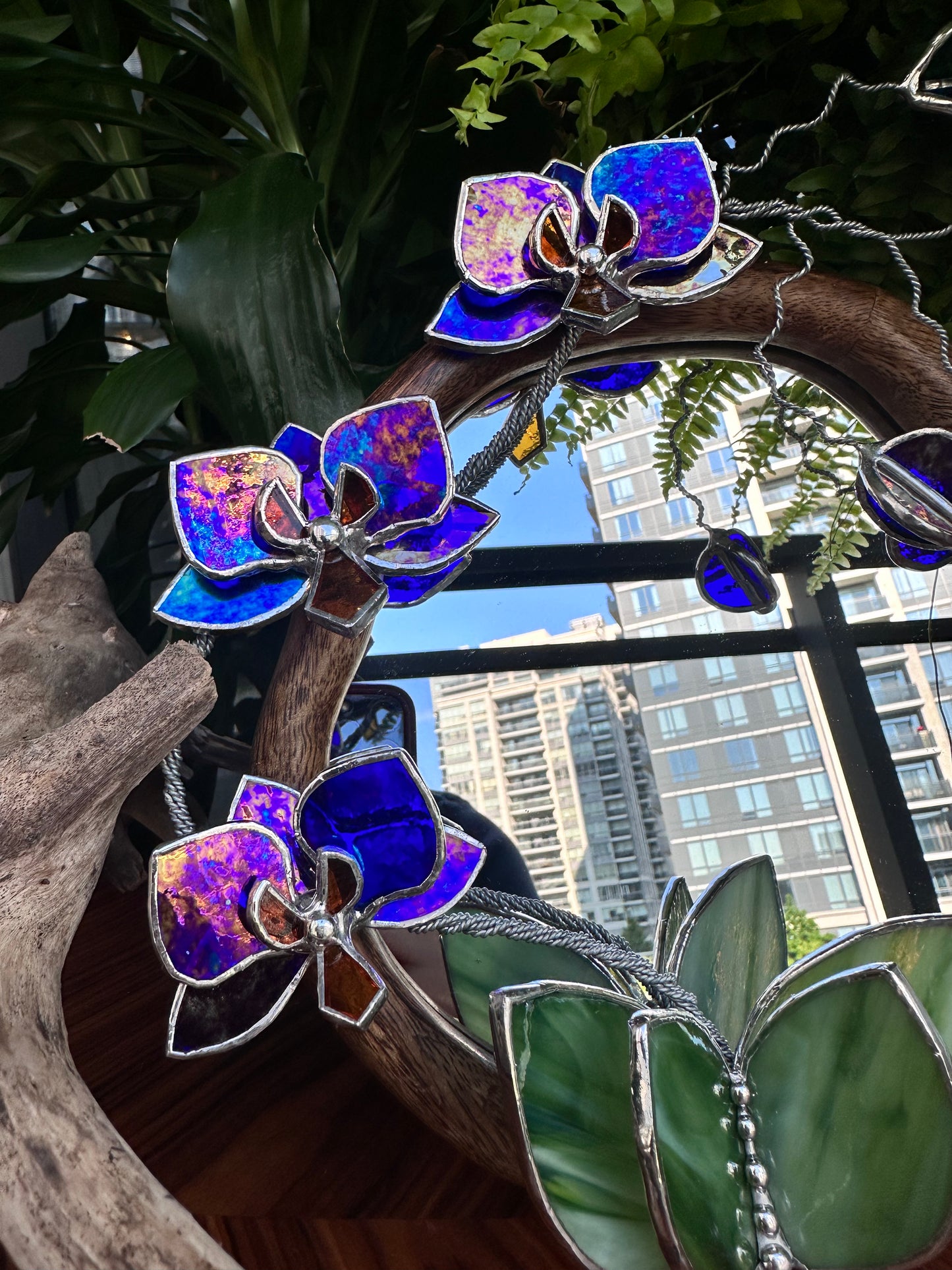 ". Amethyst gold luminescent Orchid Mirror”, Stained glass flower Wall decor, Suncatcher, Home wedding Decor, Christmas gift, available