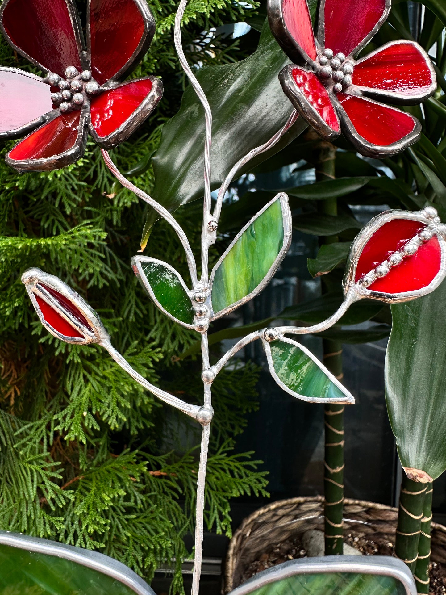 ".Ruby Red Scarlet Pimpernel flower with a pot" Stained glass tropical 3D, Sun catcher, Table plant decor, Garden stake, wedding decor, Christmas gift, available