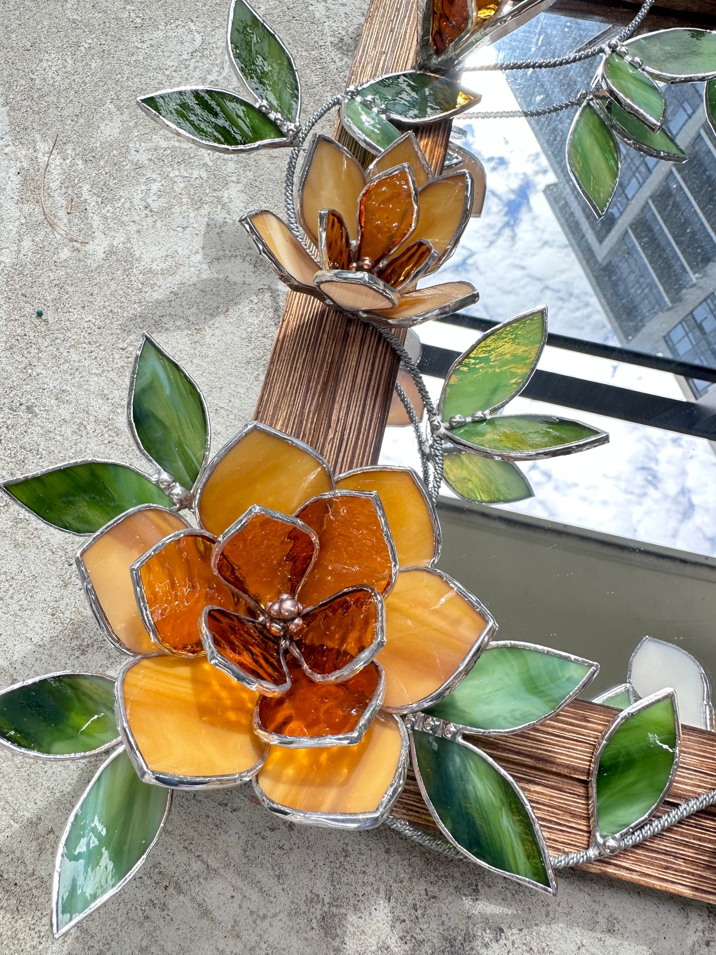 " . Amber Magnolia Flower Mirror, Stained glass Wedding Wall Decor, Christmas gift, Suncatcher