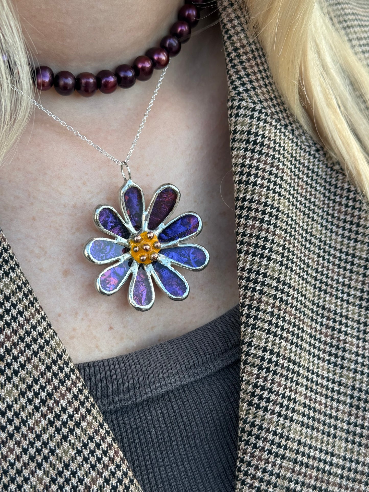 Daisy Purple & Pink, Stained Glass Necklace or Brooch, Handmade Botanical Jewelry