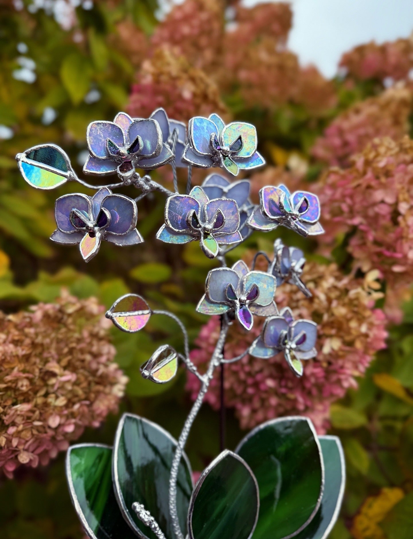 "  . Stained glass Orchid Lavender iridescent, double sided, 10 flowers with pot”, Stained glass tropical flower 3D, Suncatcher, Table plant decor