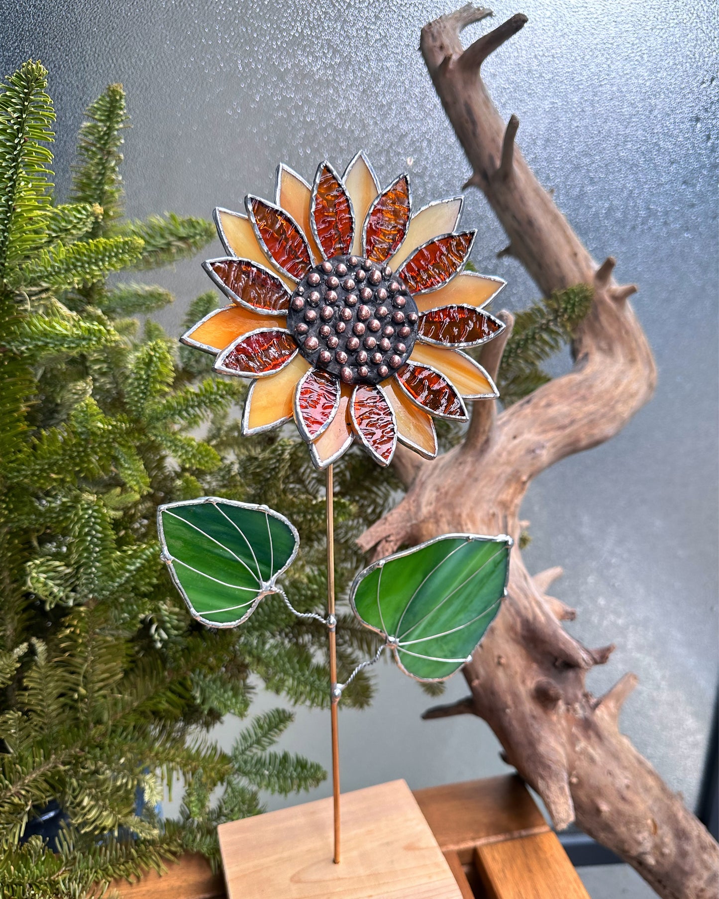 ".Sunflower Dark Amber", stained glass tropical flower 3D, Sun catcher, Table plant decor, Garden stake, Outdoor and gardening, wedding Christmas gift