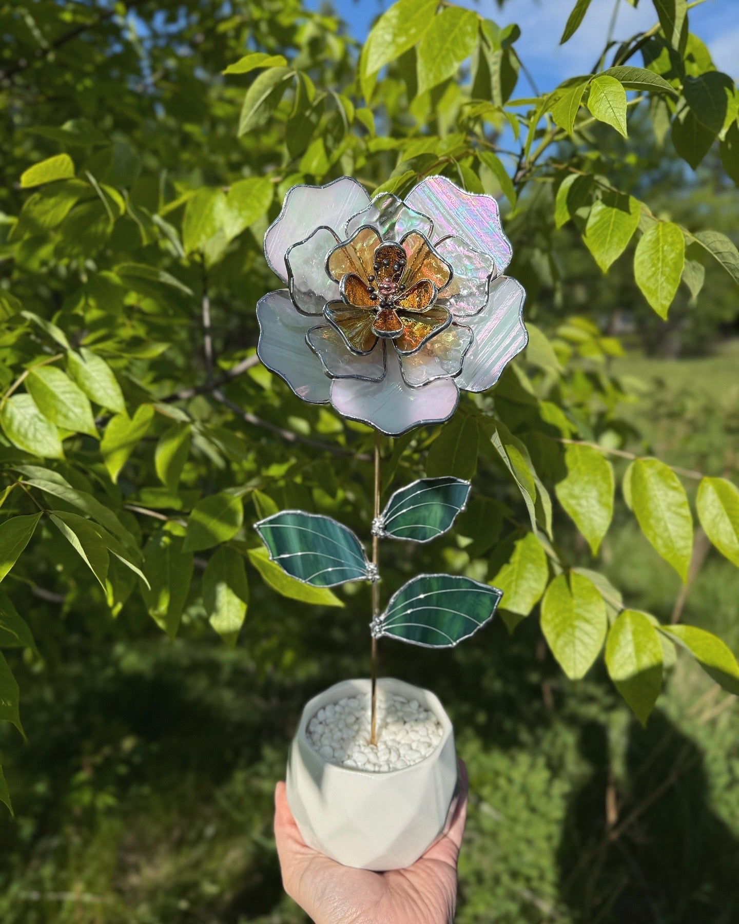 " . Beautiful Peony White & yellow iridescent Stained glass flower, tropical 3D Sun catcher, Table plant decor, wedding gift, available new