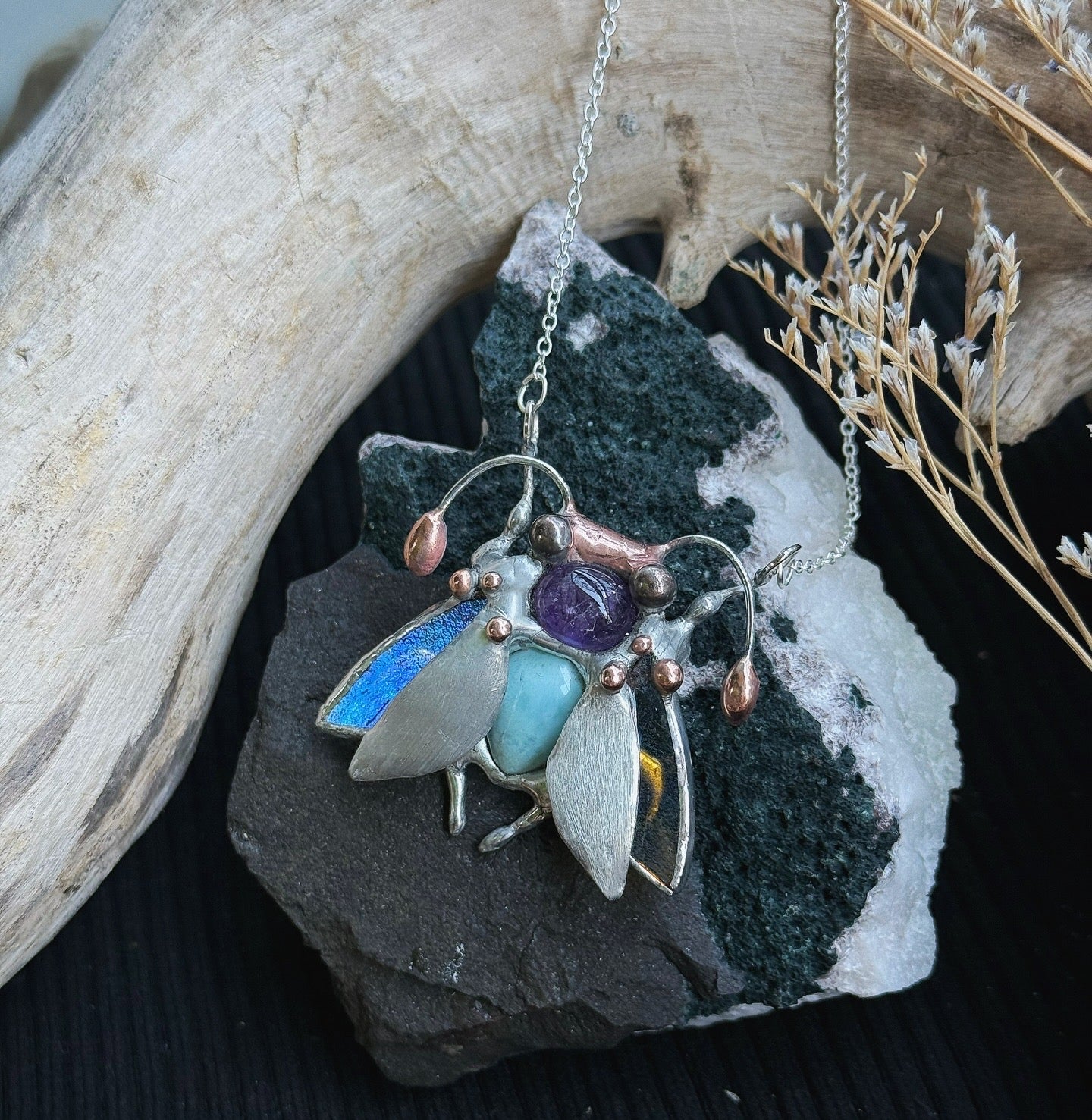 " . Bug necklace Magic Moth with Blue Larimar & Amethyst”, stained glass art jewelry pendant 3D wedding jewelry Mother’s Day gift
