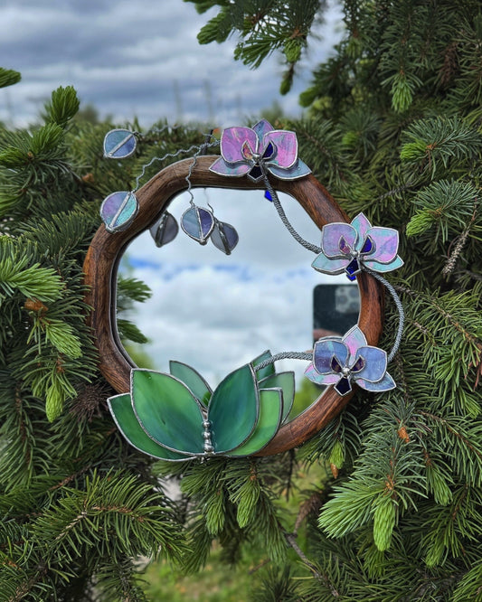 " . Amethyst & Lilac luminescent Orchid Mirror”, Stained glass flower Wall decor, Suncatcher, Home wedding Decor, Christmas gift available new