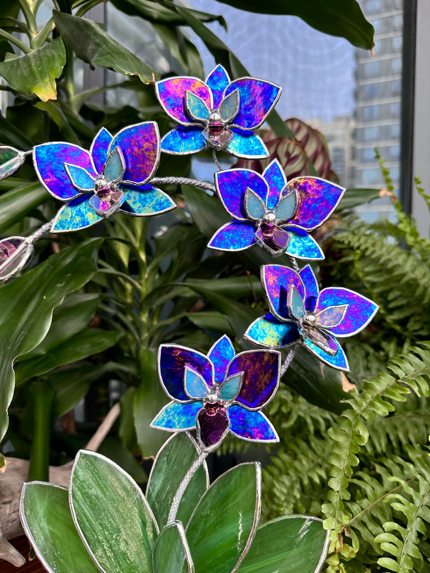 ". Amethyst luminescent XL Orchid 5 flowers with pot, Stained glass Suncatcher 3D, plant, Wedding Christmas Gift, Outdoor decor