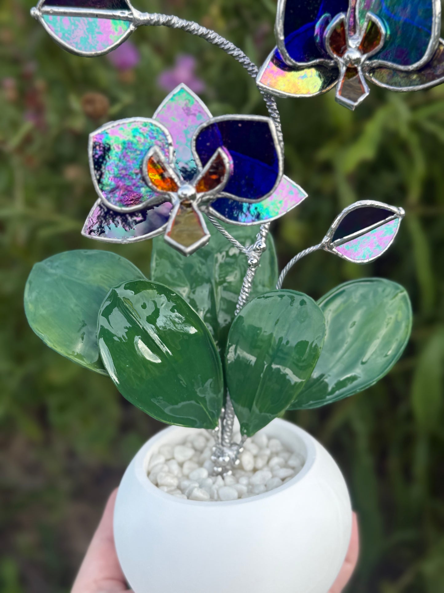 Indigo iridescent Artificial Orchid WITH RESIN Hand painted LEAVES 2 flowers with bud in a Pot, Botanical Art Sculpture