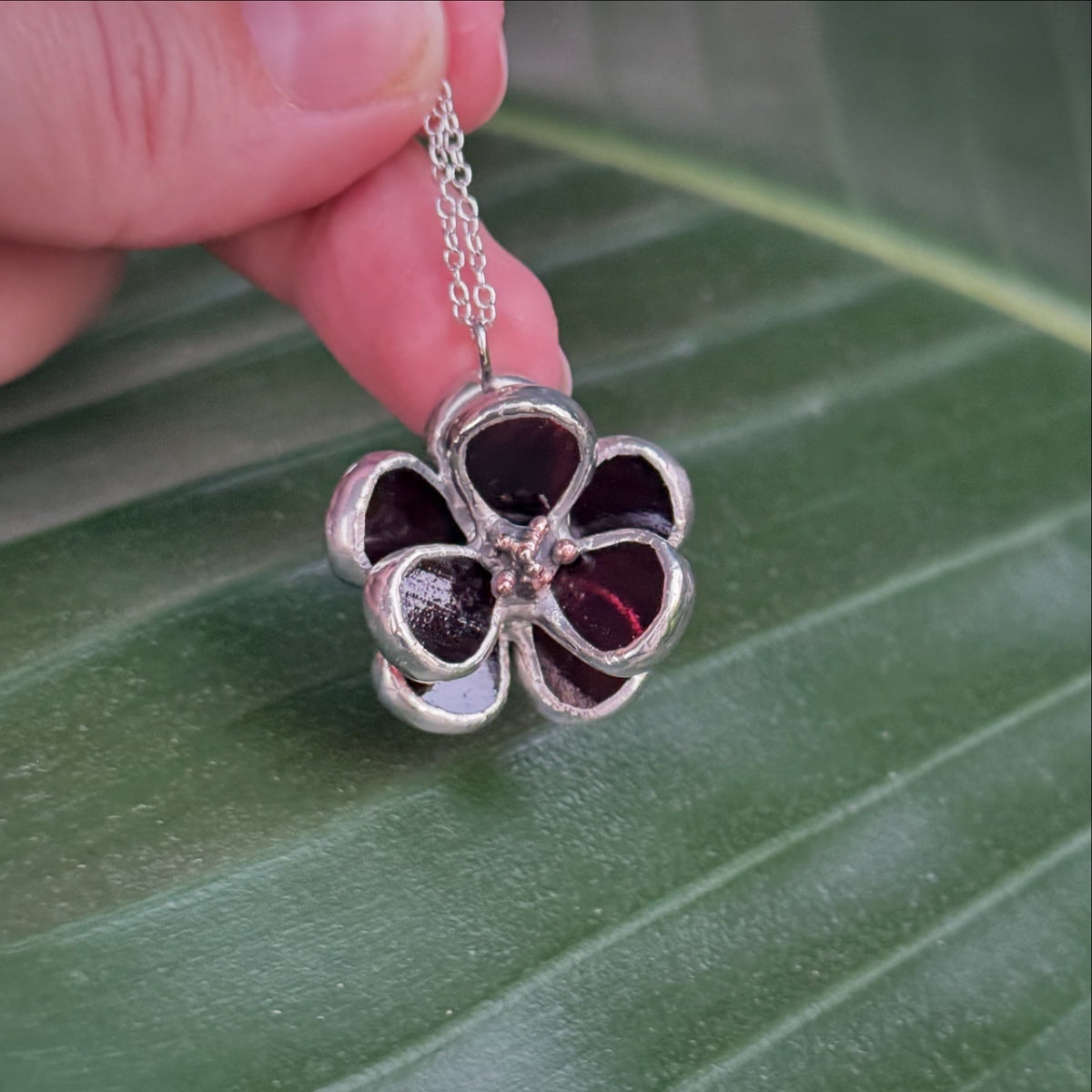 Chocolate Cosmos Flower Stained Glass Necklace, Handmade Botanical Jewelry