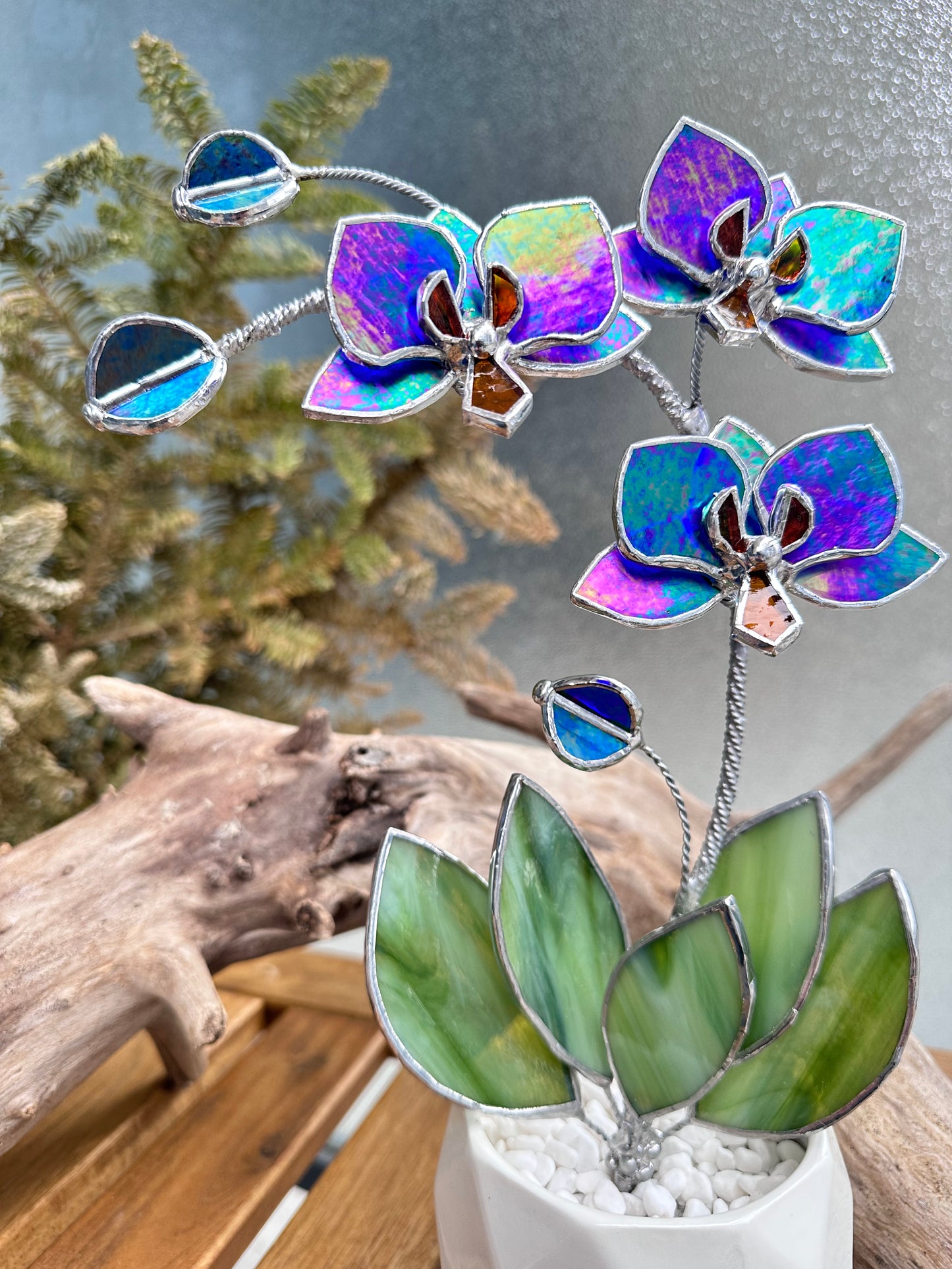 " .Indigo iridescent Orchid 3 flowers with pot” Stained glass tropical flower 3D, Sun catcher, Table plant, Garden stick, Outdoor and gardening decor