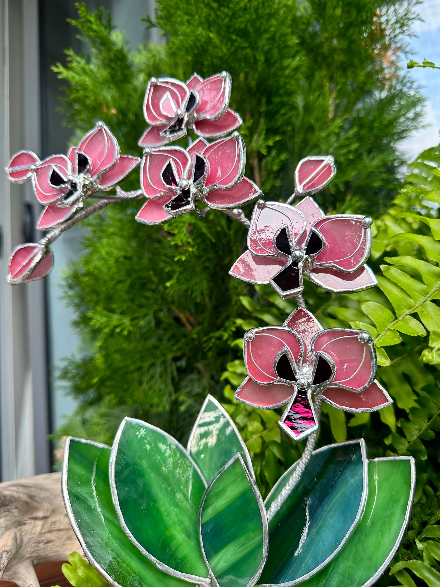 " .Baby Pink Orchid 5 flowers with pot" Stained glass tropical flower 3D, Sun catcher, Table plant, Garden stick, wedding decor, Christmas gift