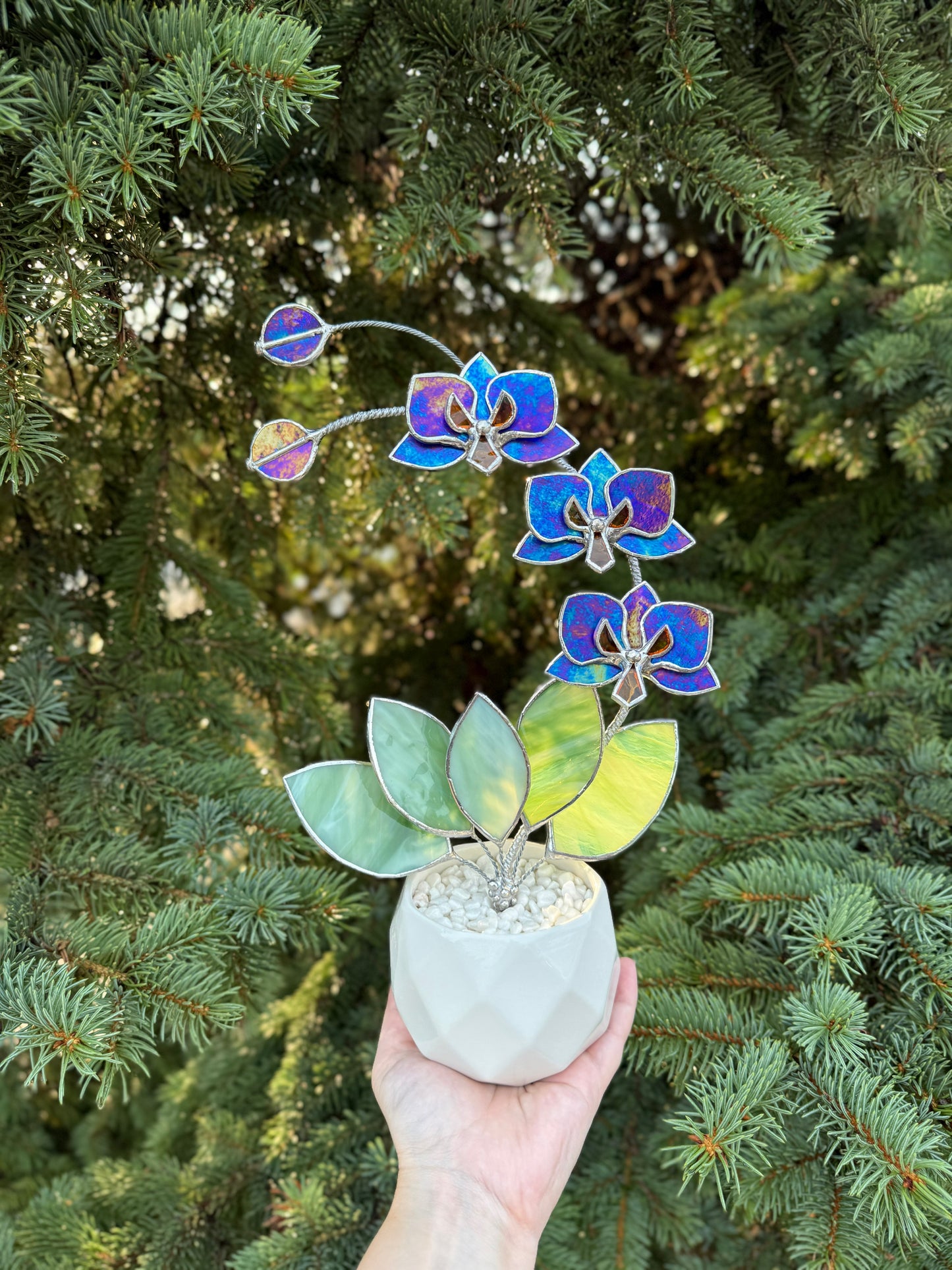 " . Indigo iridescent Orchid 3 flowers with pot ” Stained glass tropical flower 3D, Sun catcher, Table plant, Garden stick, Outdoor and gardening decor