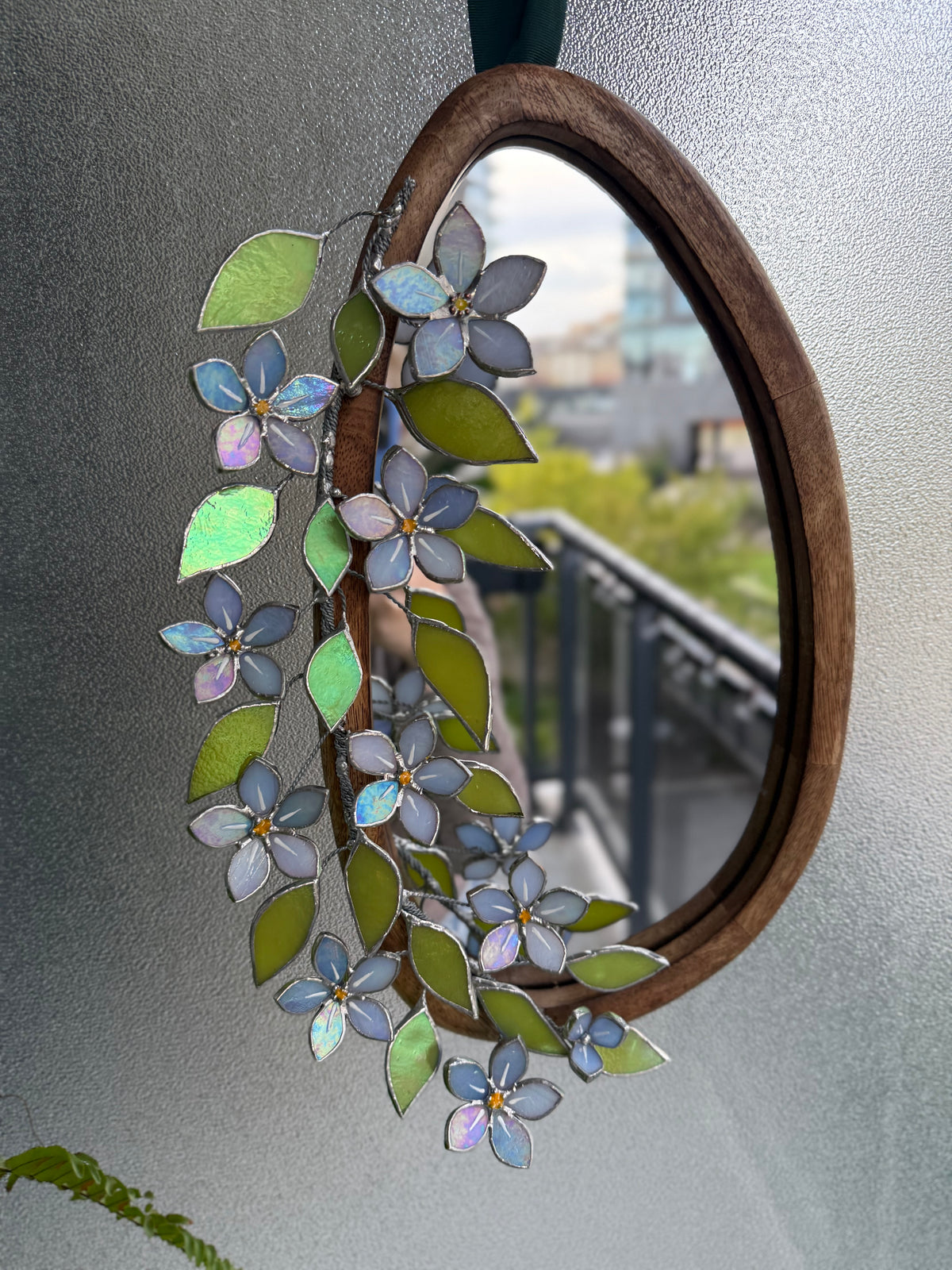.Forget Me Not iridescent Stained glass Flower Mirror, 3D Botanical Floral Wall Art ready new