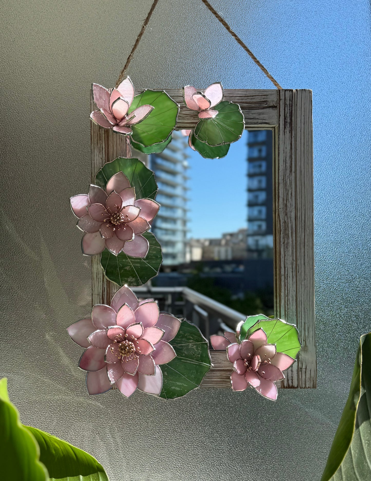 .Beautiful Lotus Stained glass Wall Mirror, 3D Botanical Floral Art ready