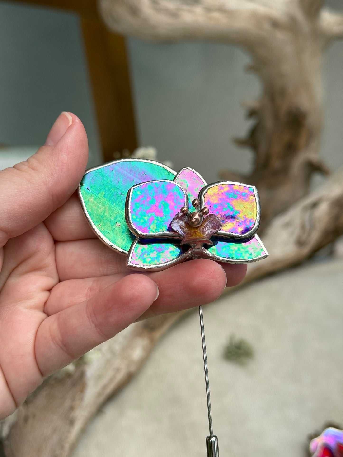 Orchid Brooch Statement Stained Glass Floral Pin, Modern Art Jewelry