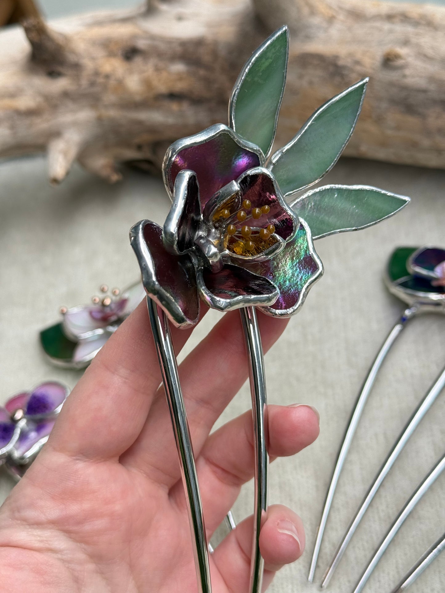 .Hair Pin Stained Glass Peony Flower CHOOSE COLOR Handmade Accessories