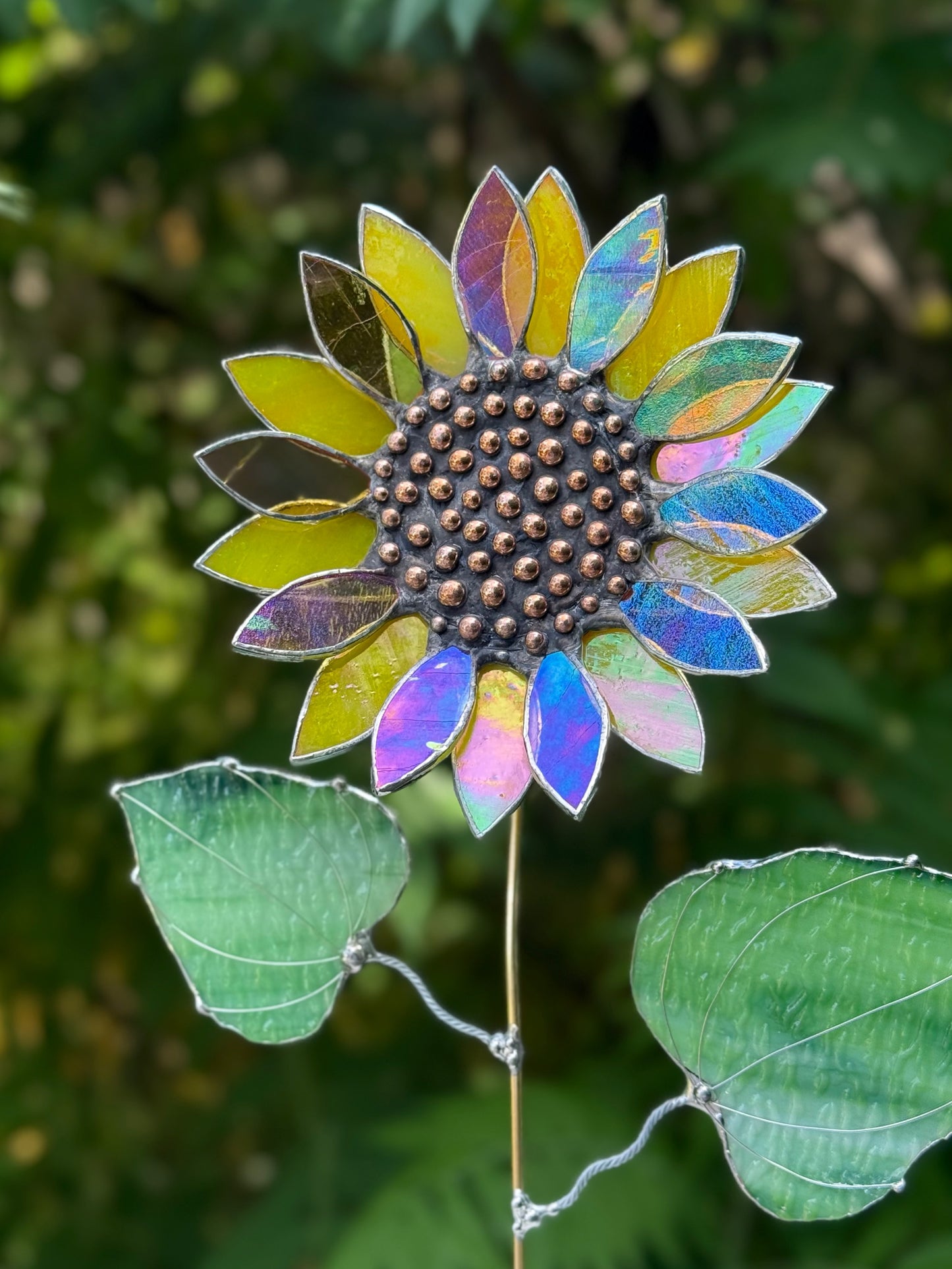 .Lemon Yellow & Amber Irid Sunflower Artisan 3D Stained Glass Suncatcher, Table Decor