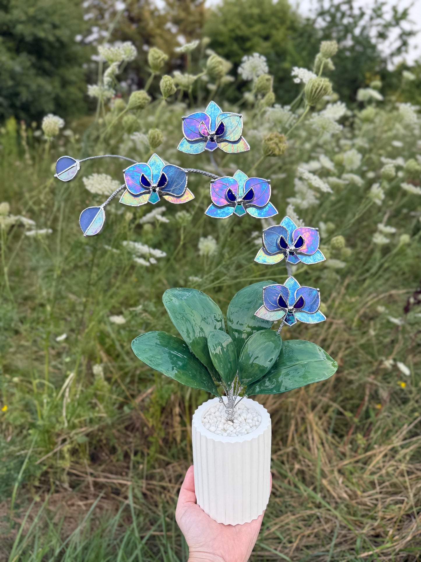 .Blue lavender Orchid, WITH RESIN LEAVES, 5 Flowers, Handmade Stained Glass Botanical Art Decor