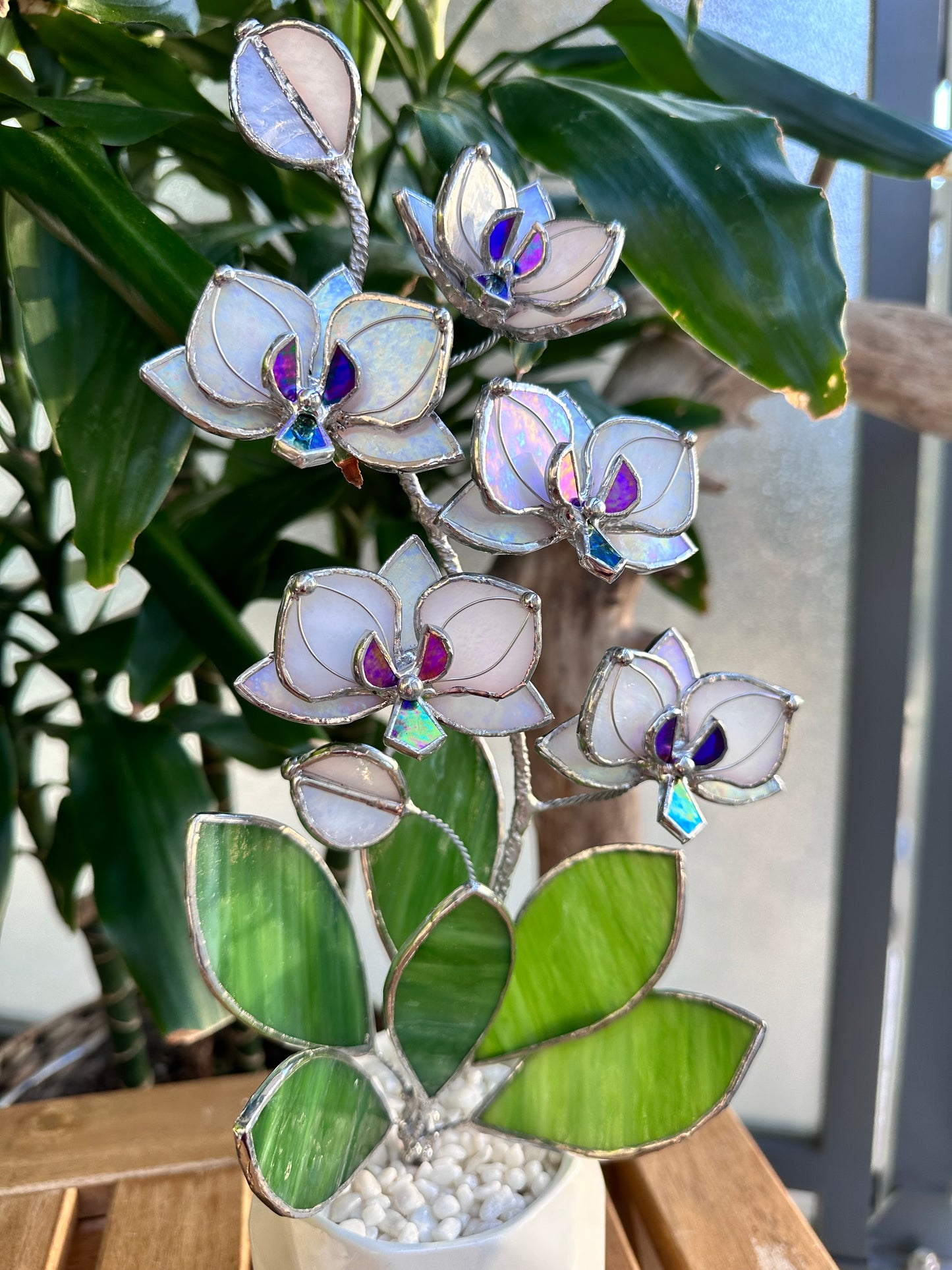 " . Orchid М Pearl White, 5 flowers with pot”, Stained glass tropical flower 3D, Sun catcher, Table plant, Garden stick, Outdoor and gardening decor