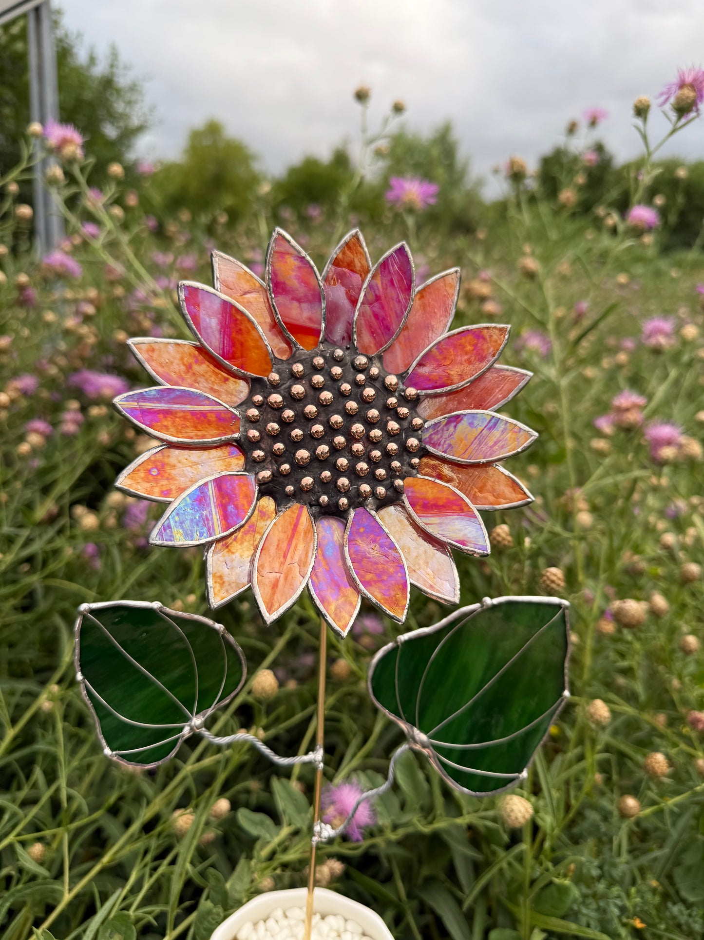 " .  Sunflower Red Amber iridescent", stained glass tropical flower 3D, Sun catcher, Table plant decor, Garden stake, Outdoor and gardening, wedding Christmas gift