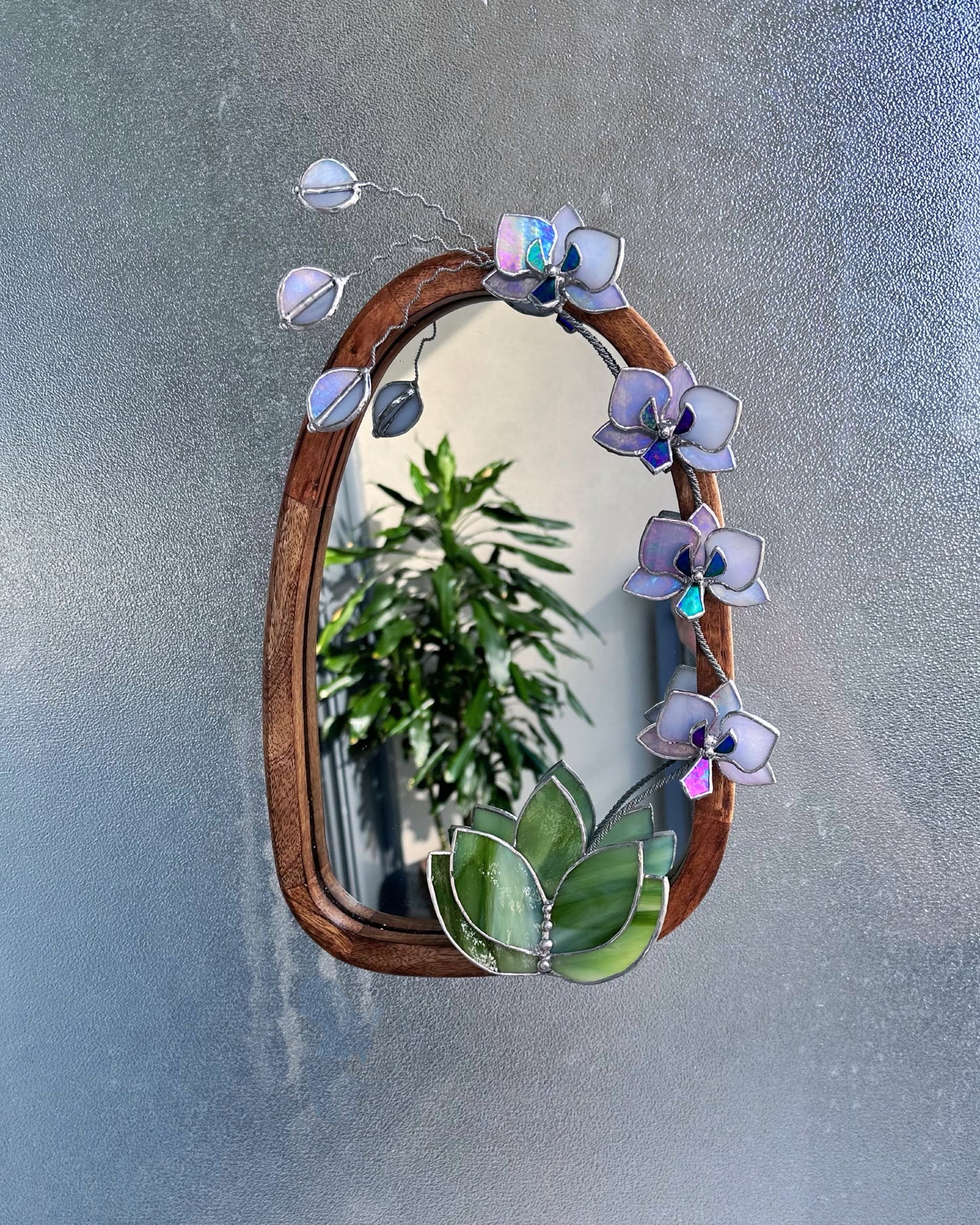 " . Lavender iridescent Orchid Mirror”, Stained glass flower Wall decor, Suncatcher, Home wedding Decor, Christmas gift, available