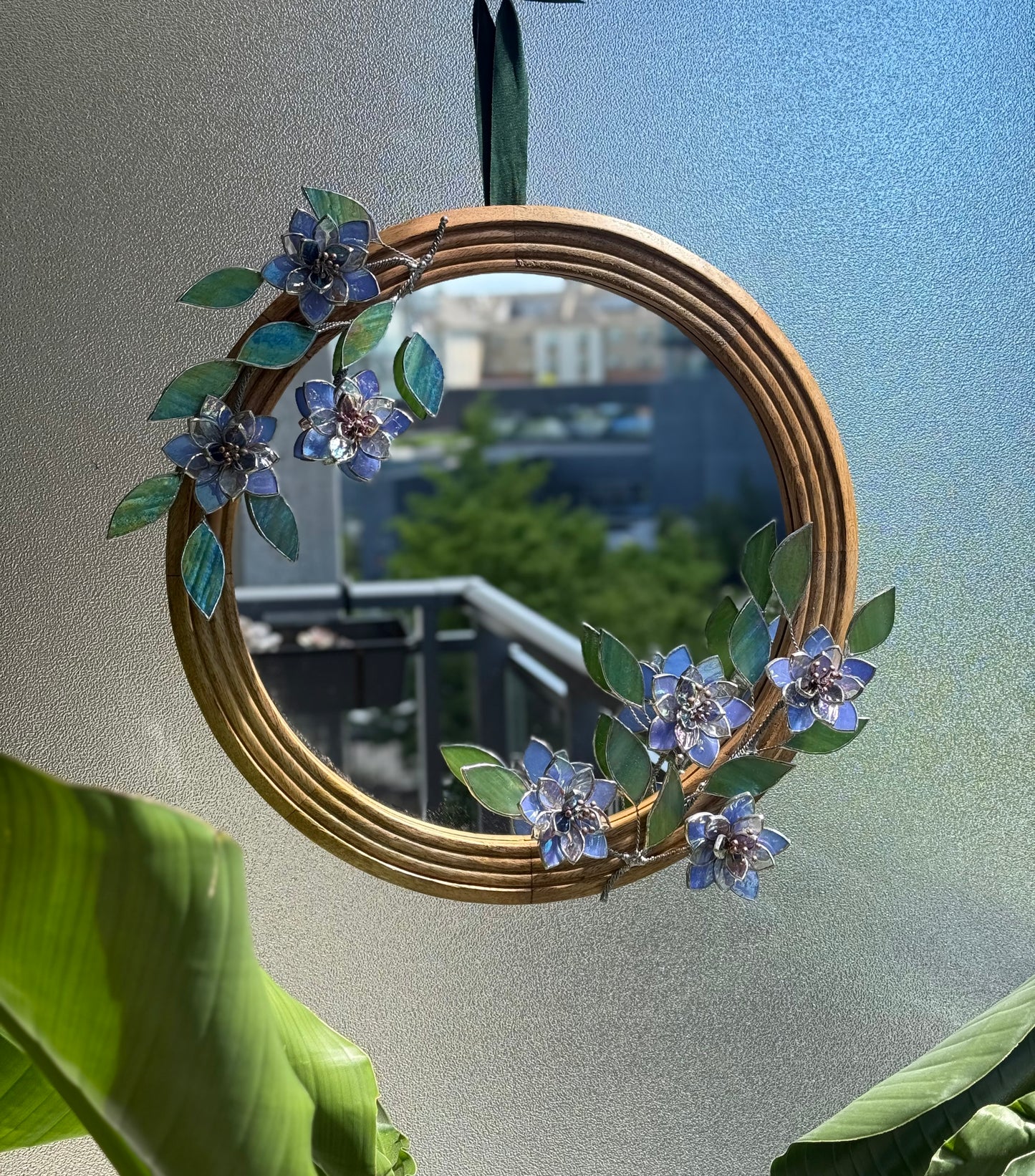 .Blue Wildflowers Stained glass Wall Mirror, 3D Botanical Floral Art ready