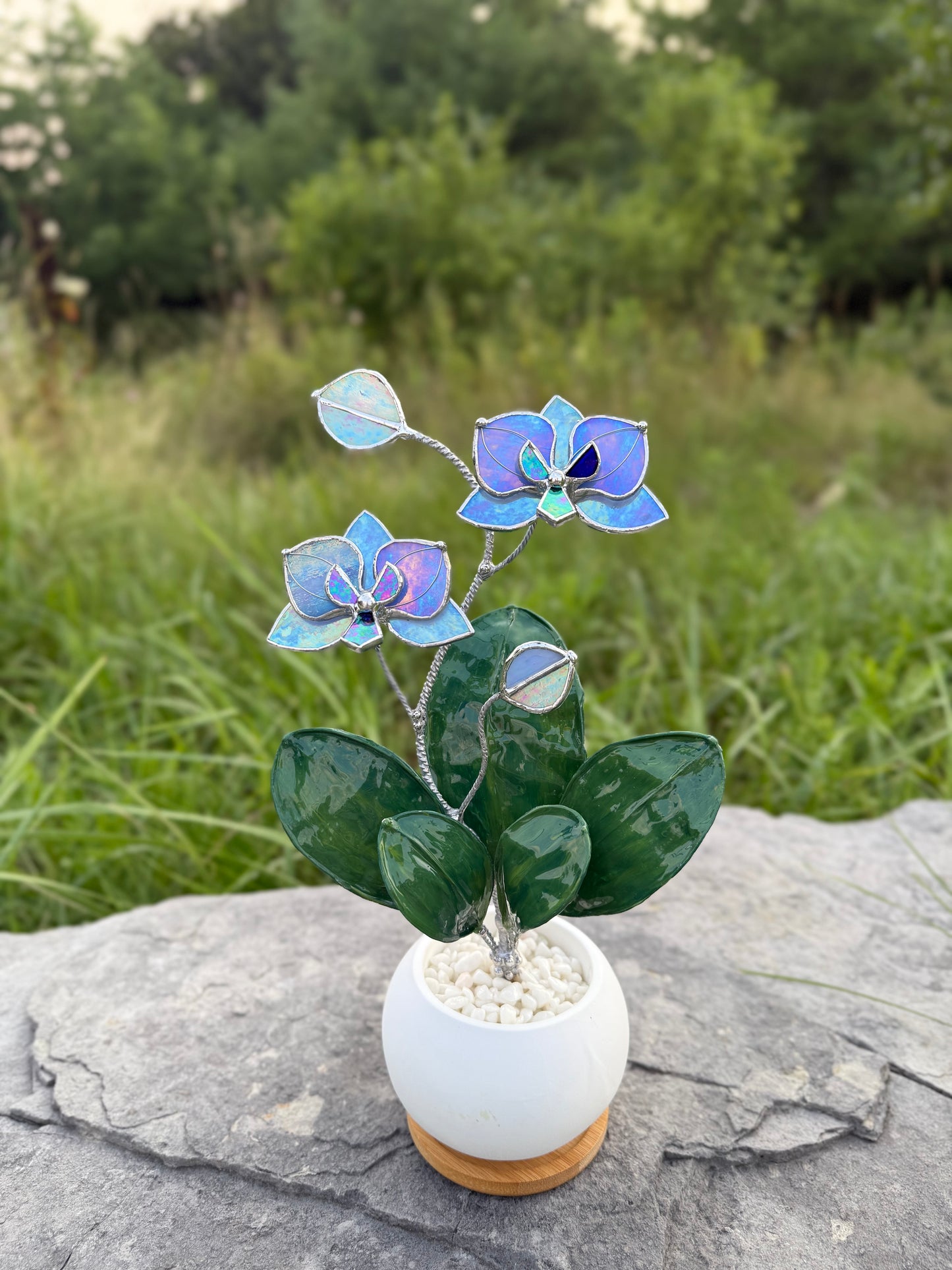 Orchid Blue lavender WITH RESIN Hand painted LEAVES Stained Glass 2 flowers in a Pot, Botanical Art Sculpture