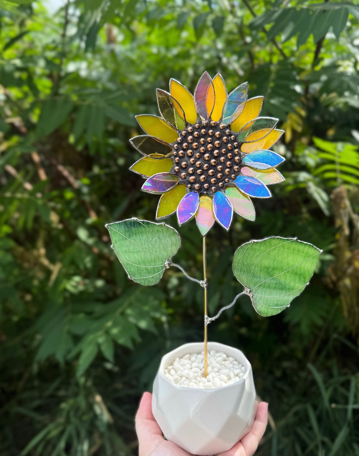 .Lemon Yellow & Amber Irid Sunflower Artisan 3D Stained Glass Suncatcher, Table Decor