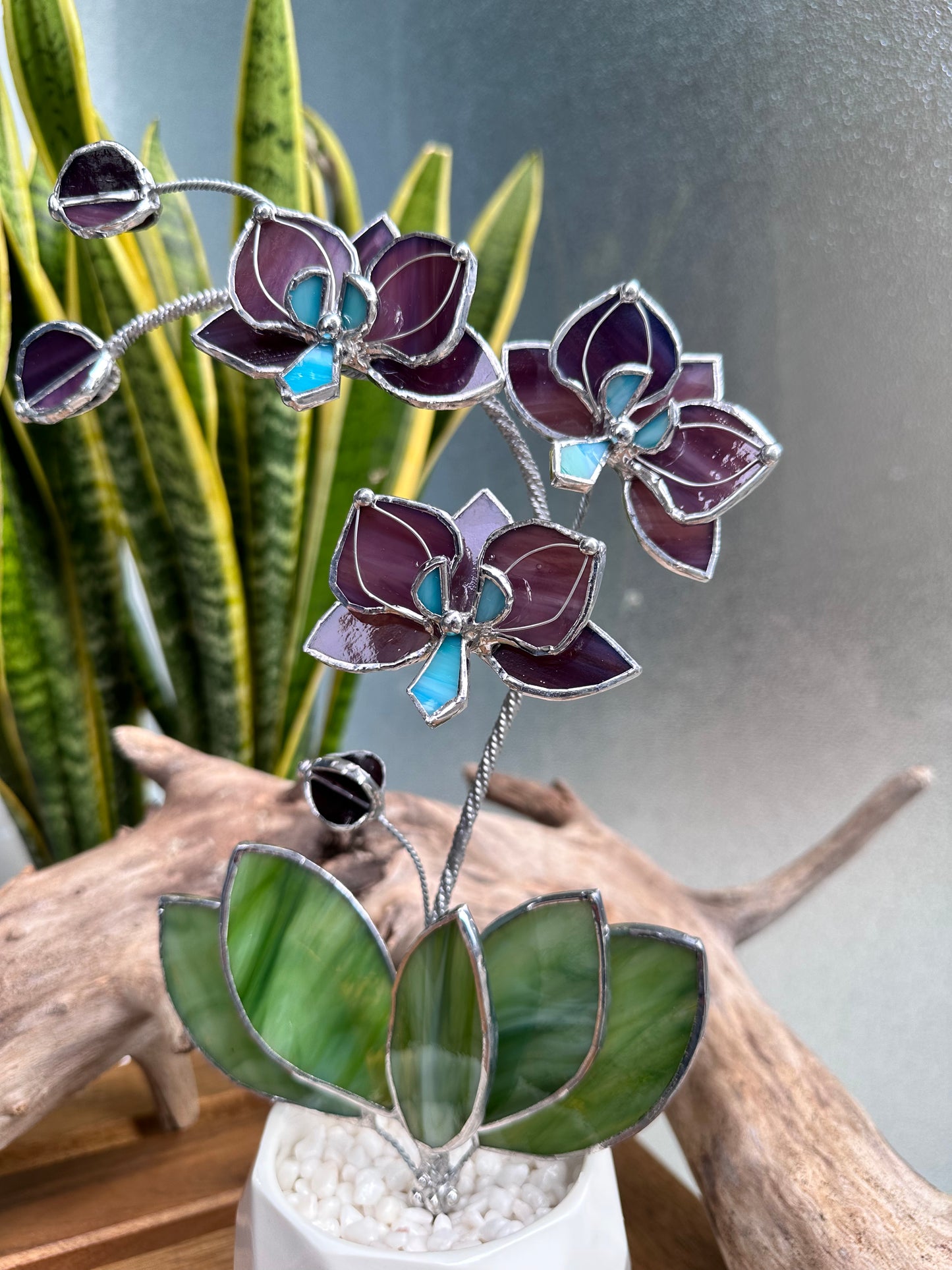 ". Reach Elderberry Orchid 3 flowers with pot” Stained glass tropical flower 3D, Sun catcher, Table plant decor, Garden stick, Outdoor and gardening decor