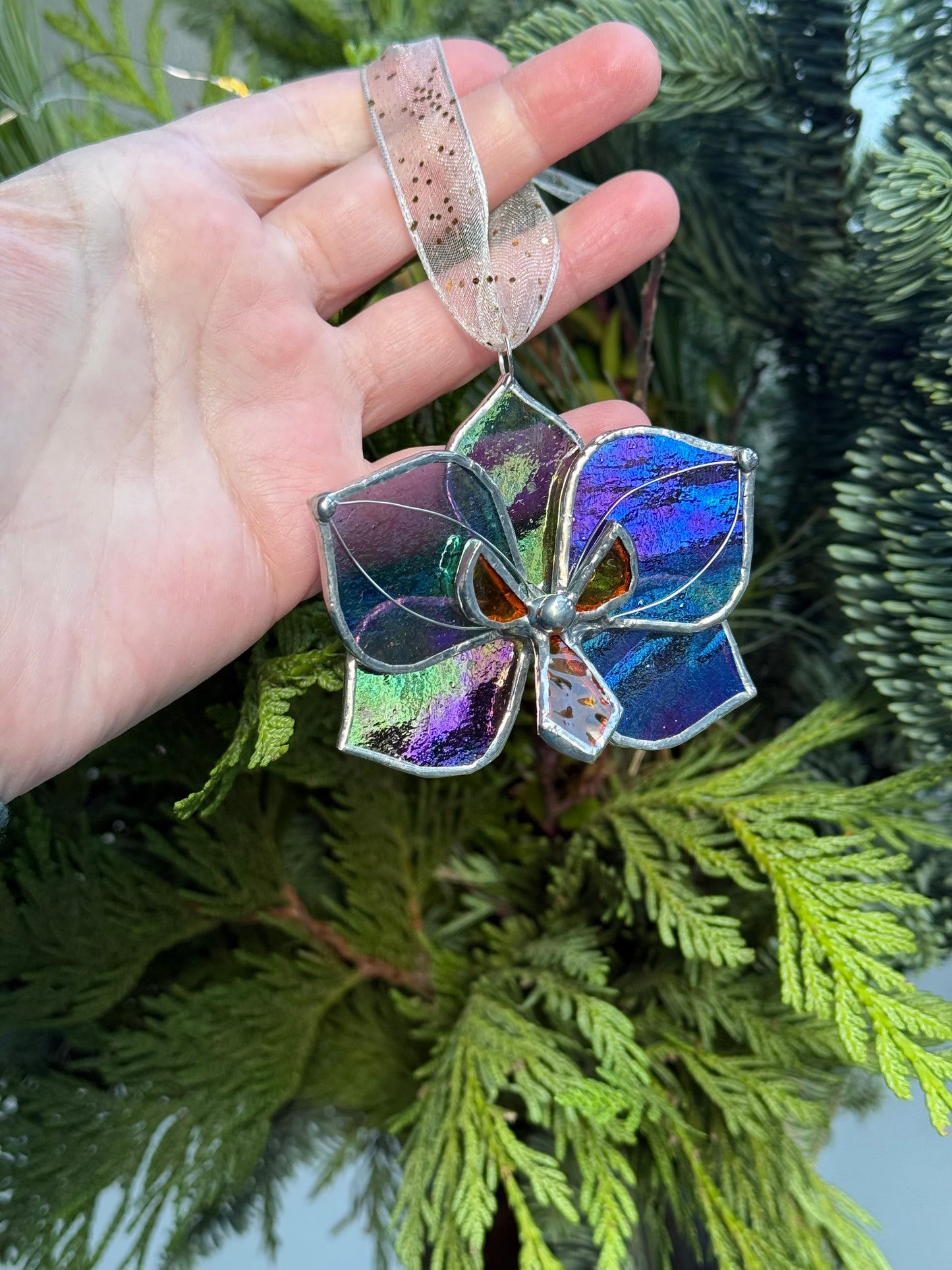 " . Butterfly Orchid flower Plum transparent irid, Stained glass Decorative ORNAMENT, Christmas decoration, Suncatcher