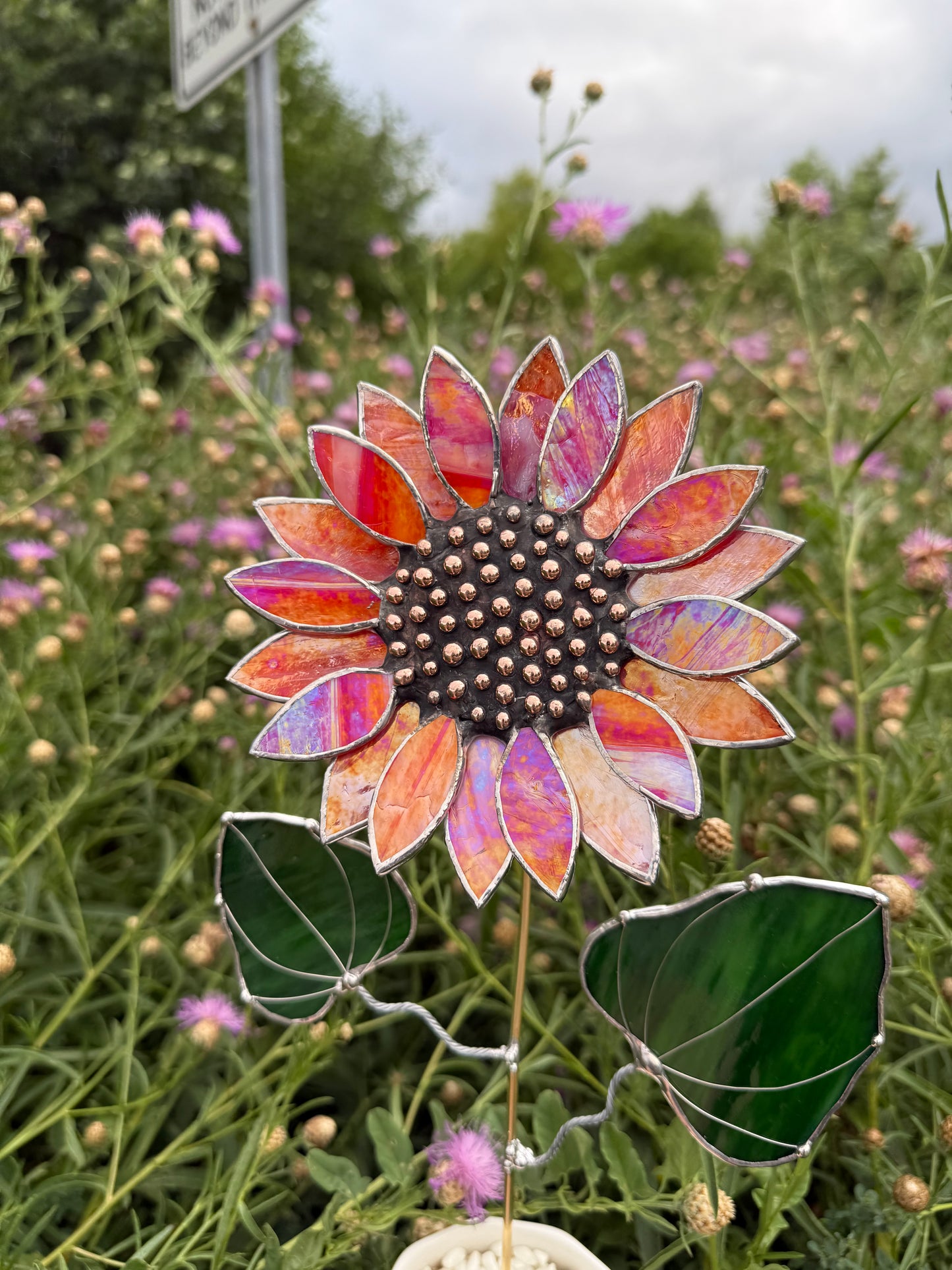 " .  Sunflower Red Amber iridescent", stained glass tropical flower 3D, Sun catcher, Table plant decor, Garden stake, Outdoor and gardening, wedding Christmas gift