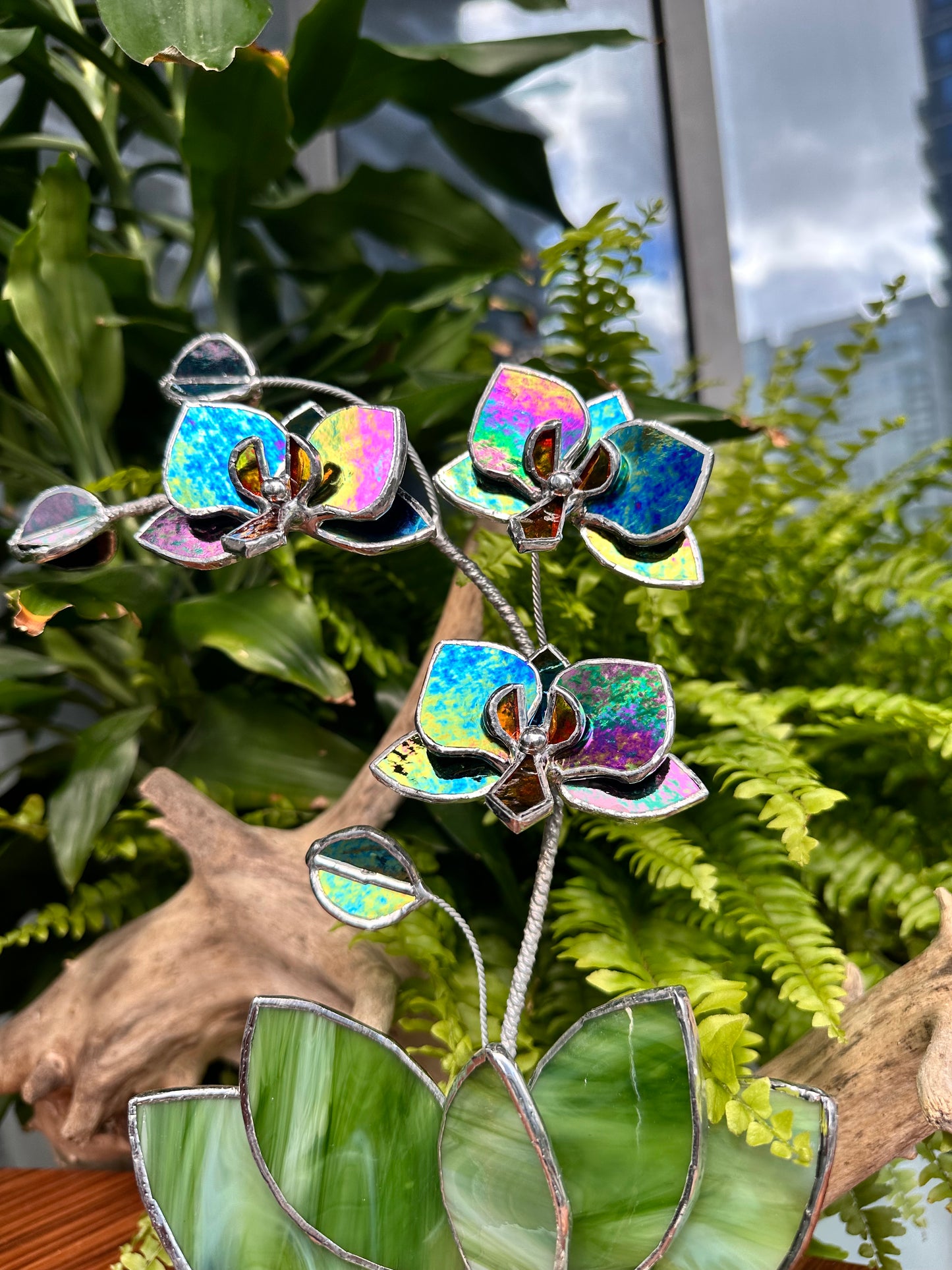 ". Multicolor opaque Orchid 3 flowers with pot” Stained glass tropical flower 3D, Sun catcher, Table plant, Garden stick, Outdoor and gardening decor