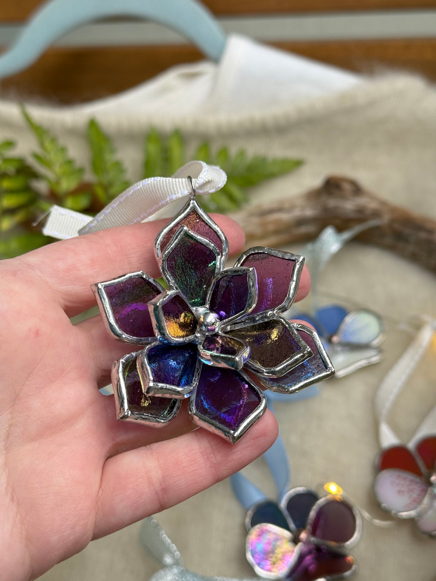 Stained glass ornament Flower Plum iridescent, Wall window decor, holiday decoration