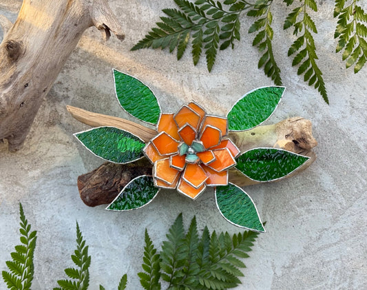 .Tropical flower Stained Glass Driftwood Wall Decor Suncatcher