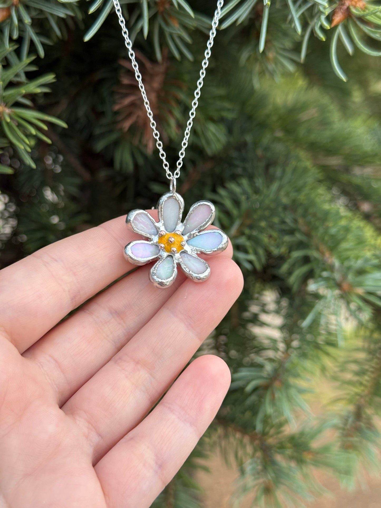 Daisy White Pearl Iridescent L S sizes, Stained Glass Necklace or Brooch, Handmade Botanical Jewelry