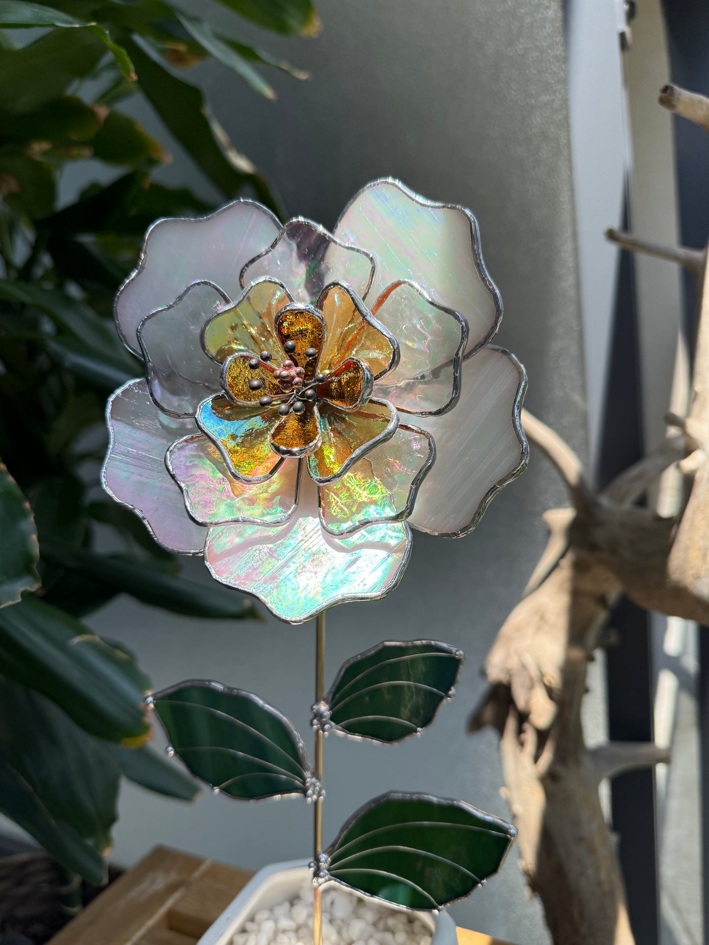" . Beautiful Peony White & yellow iridescent Stained glass flower, tropical 3D Sun catcher, Table plant decor, wedding gift, available new