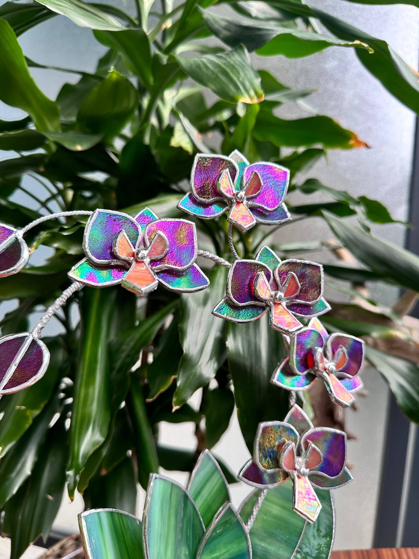 " . Mauve iridescent Orchid 5 flowers with pot" Stained glass tropical flower 3D, Sun catcher, Table plant, Garden stick, wedding decor, Christmas gift, available